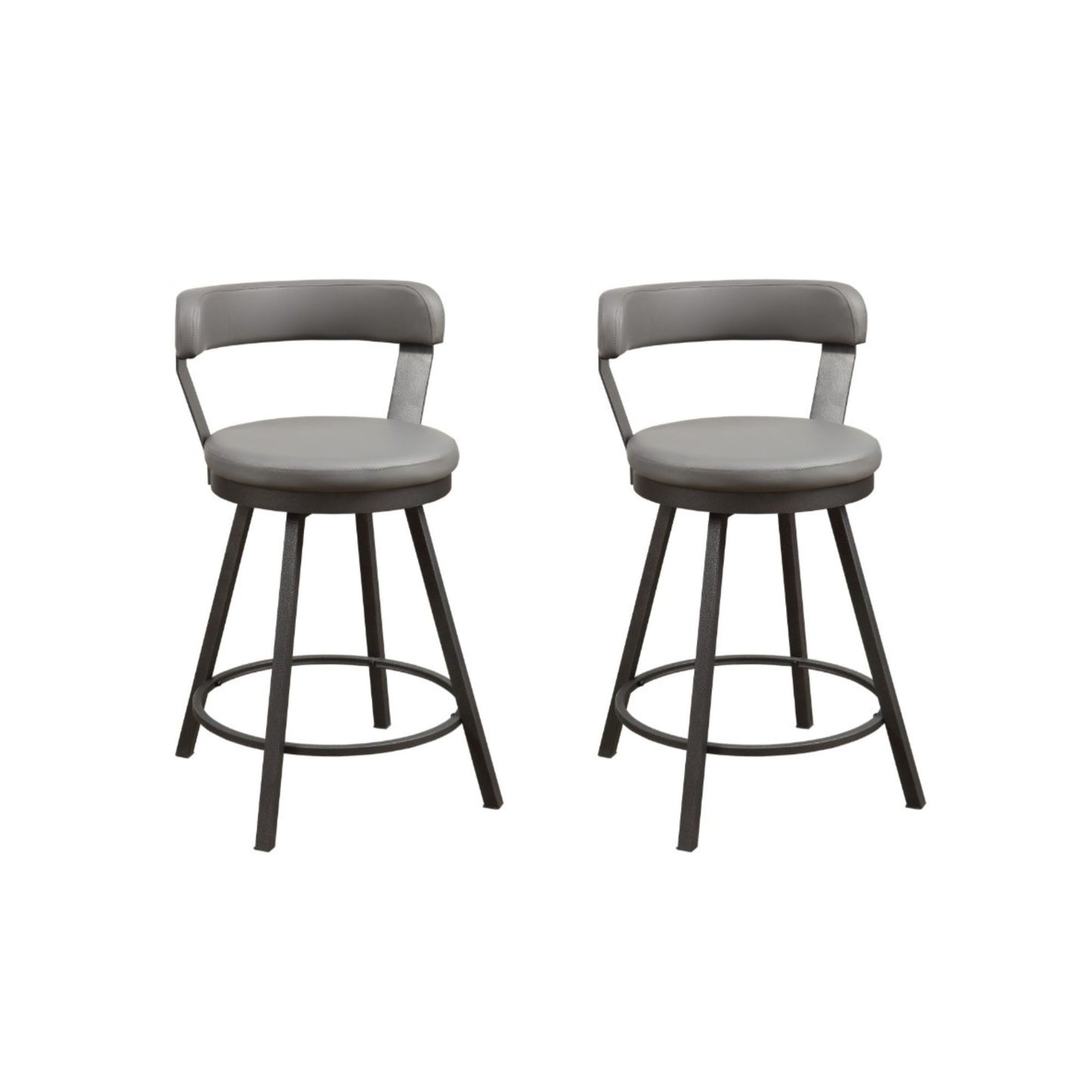A pair of gray swivel counter height chairs with a five-point wheeled base and a round, cushioned seat and backrest.