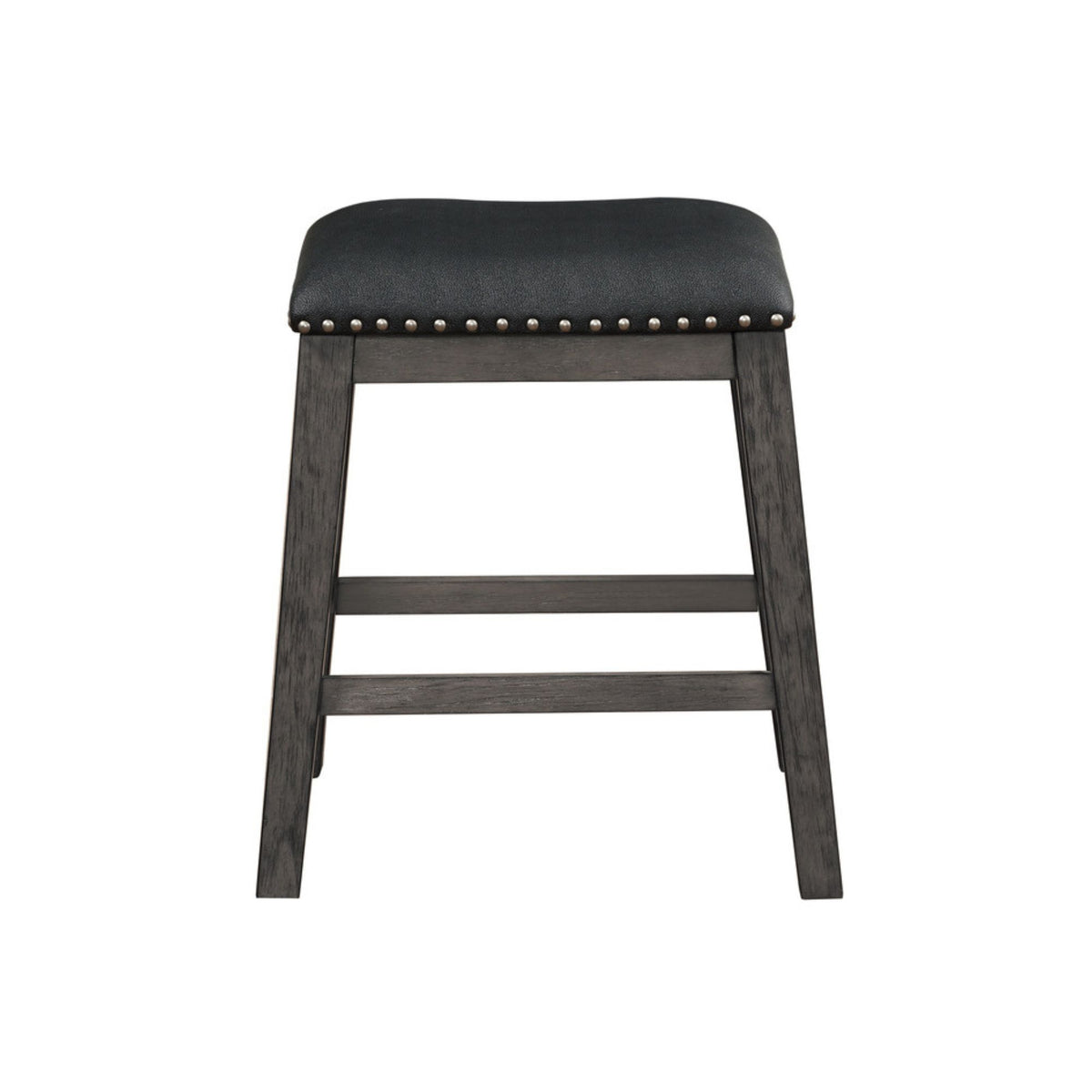 5603 Grey veneered counter height backless stool with faux leather seating and nailhead trim desgin on a white background.