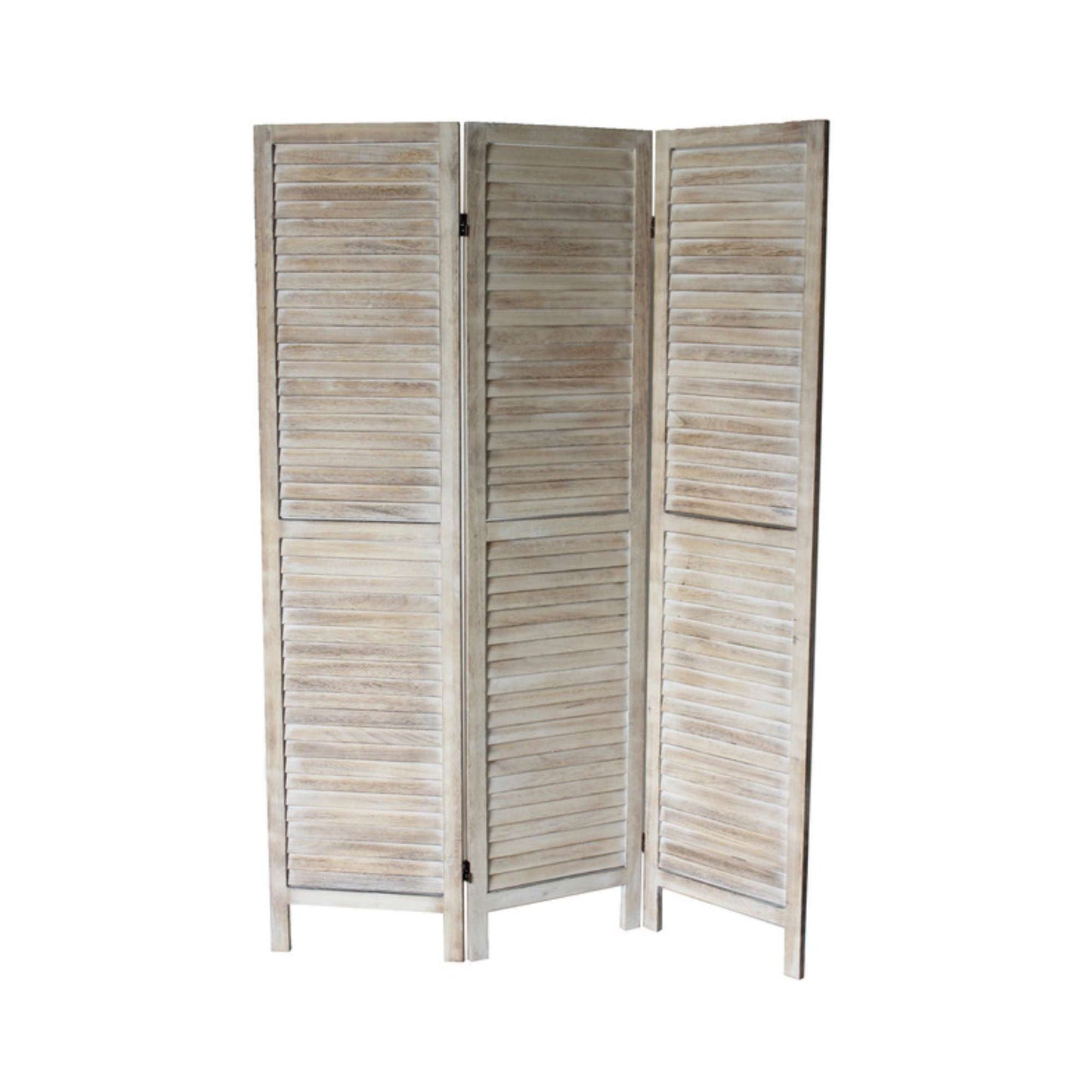 A three-panel room divider with a natural wood finish and a shutter style design.
