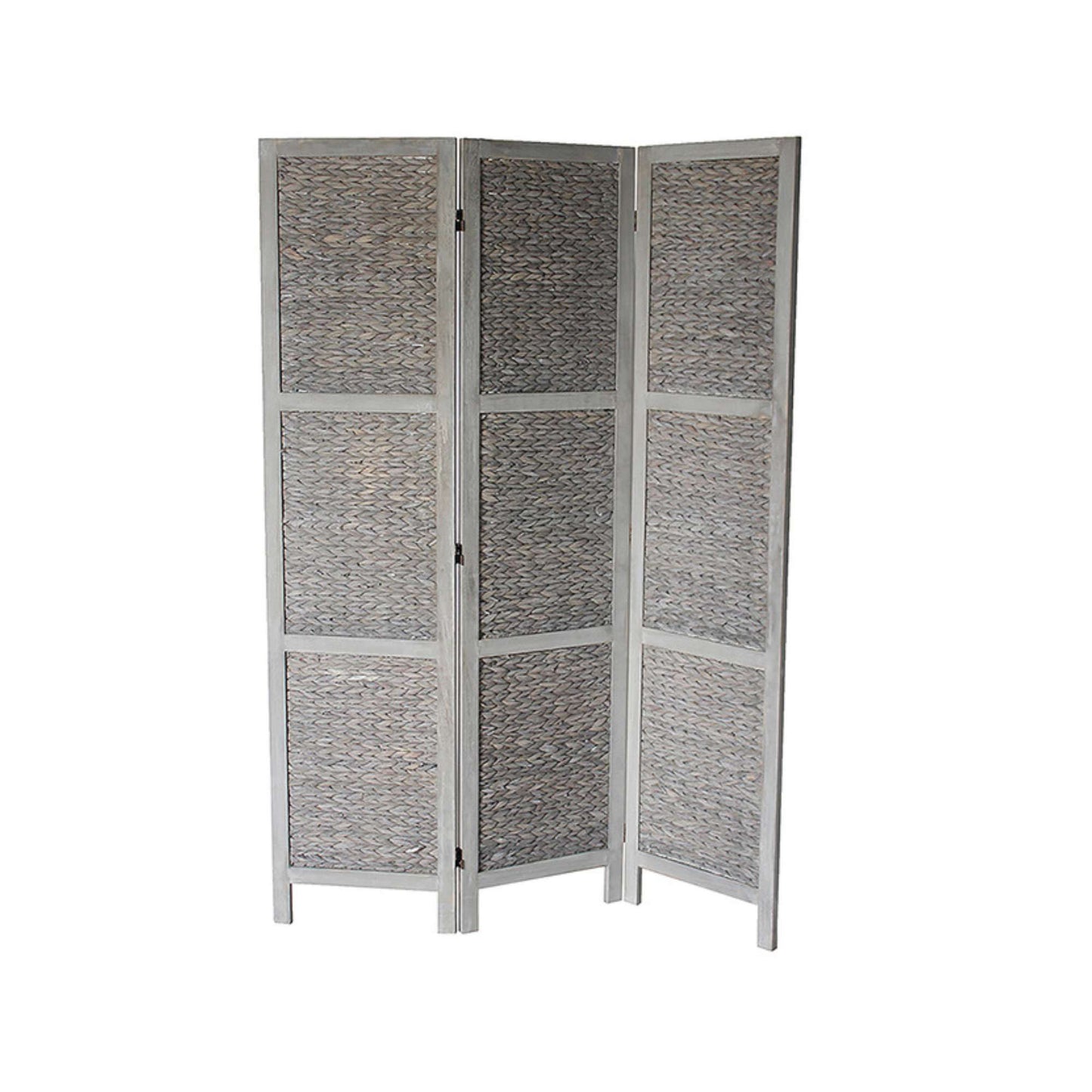 A three-panel room divider with a grey wood finish and woven arrow design.