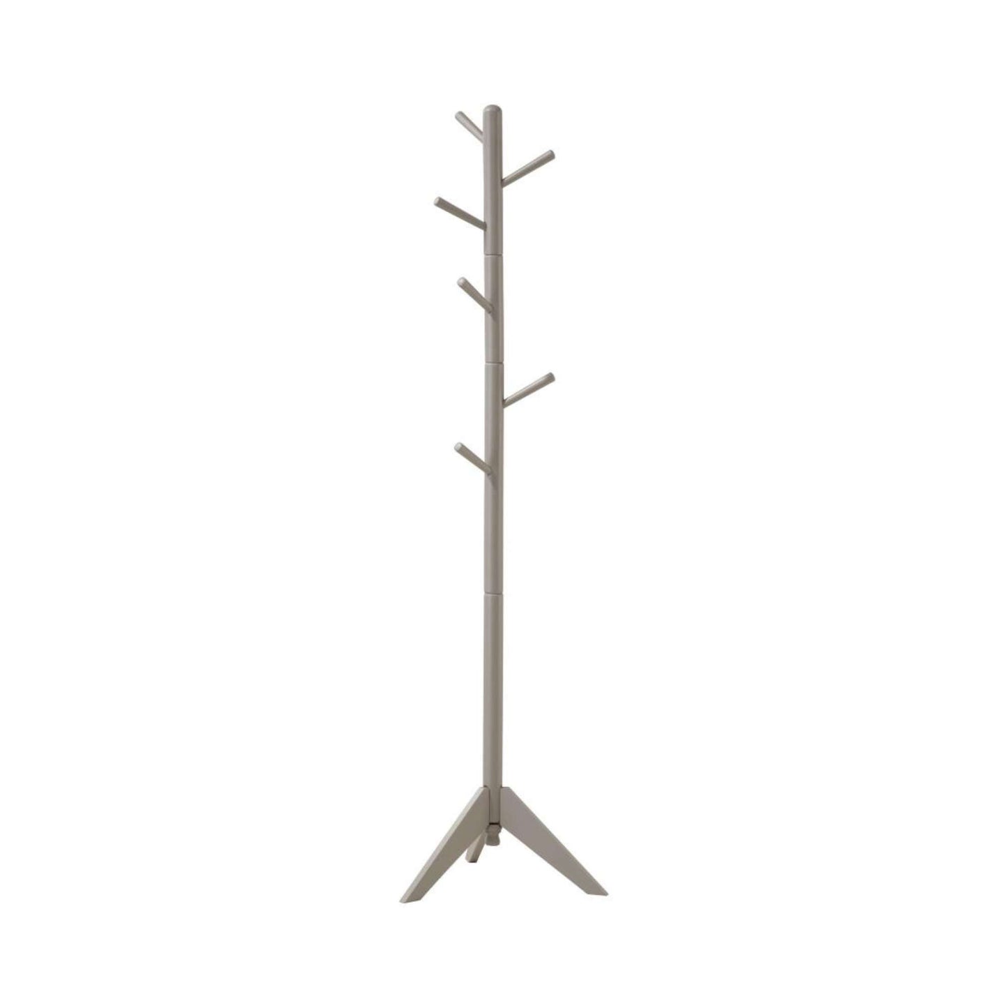 Beige grey coat rack with multiple hooks on a white background