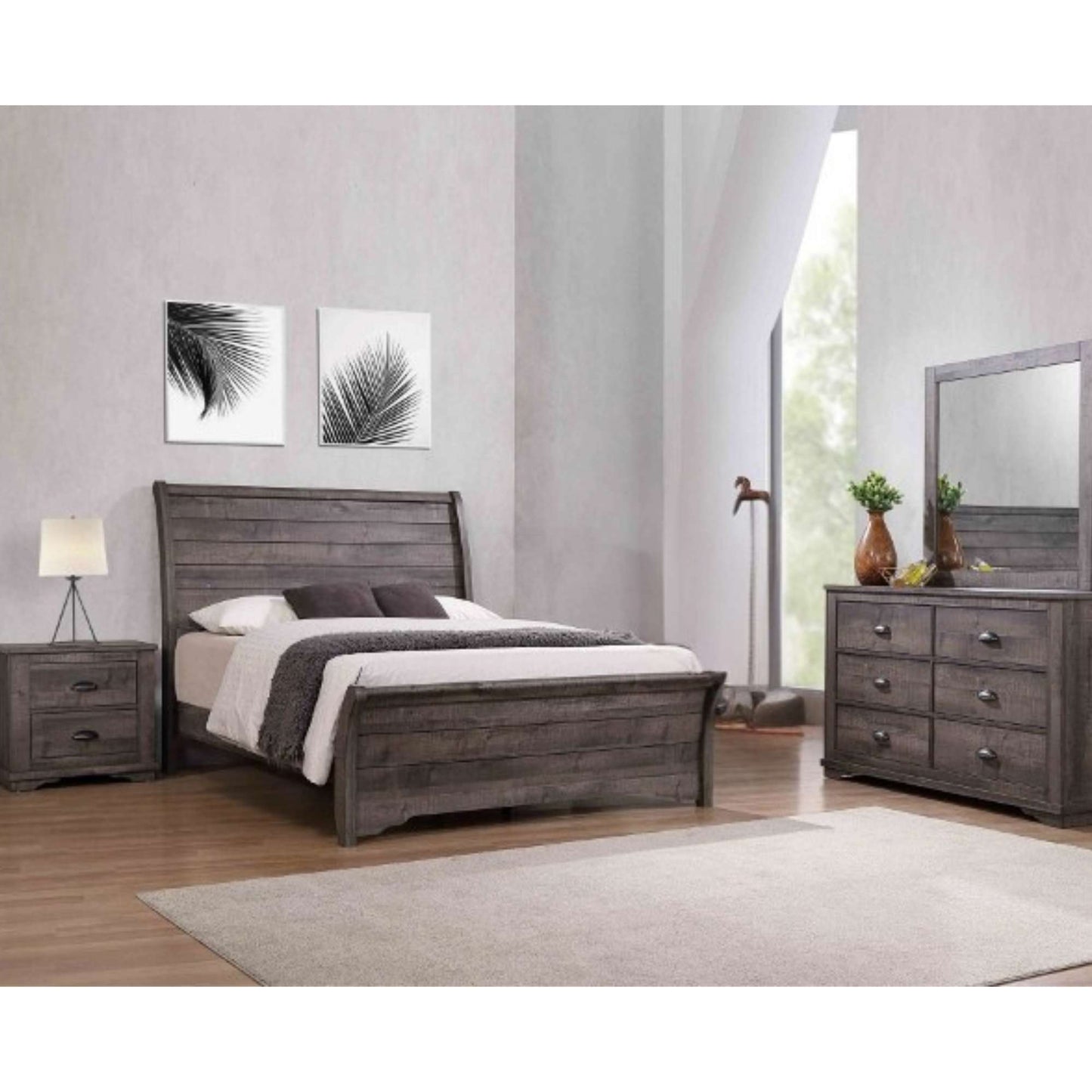 Wooden bedroom furniture set with bed, nightstands, and dresser in a room setting.