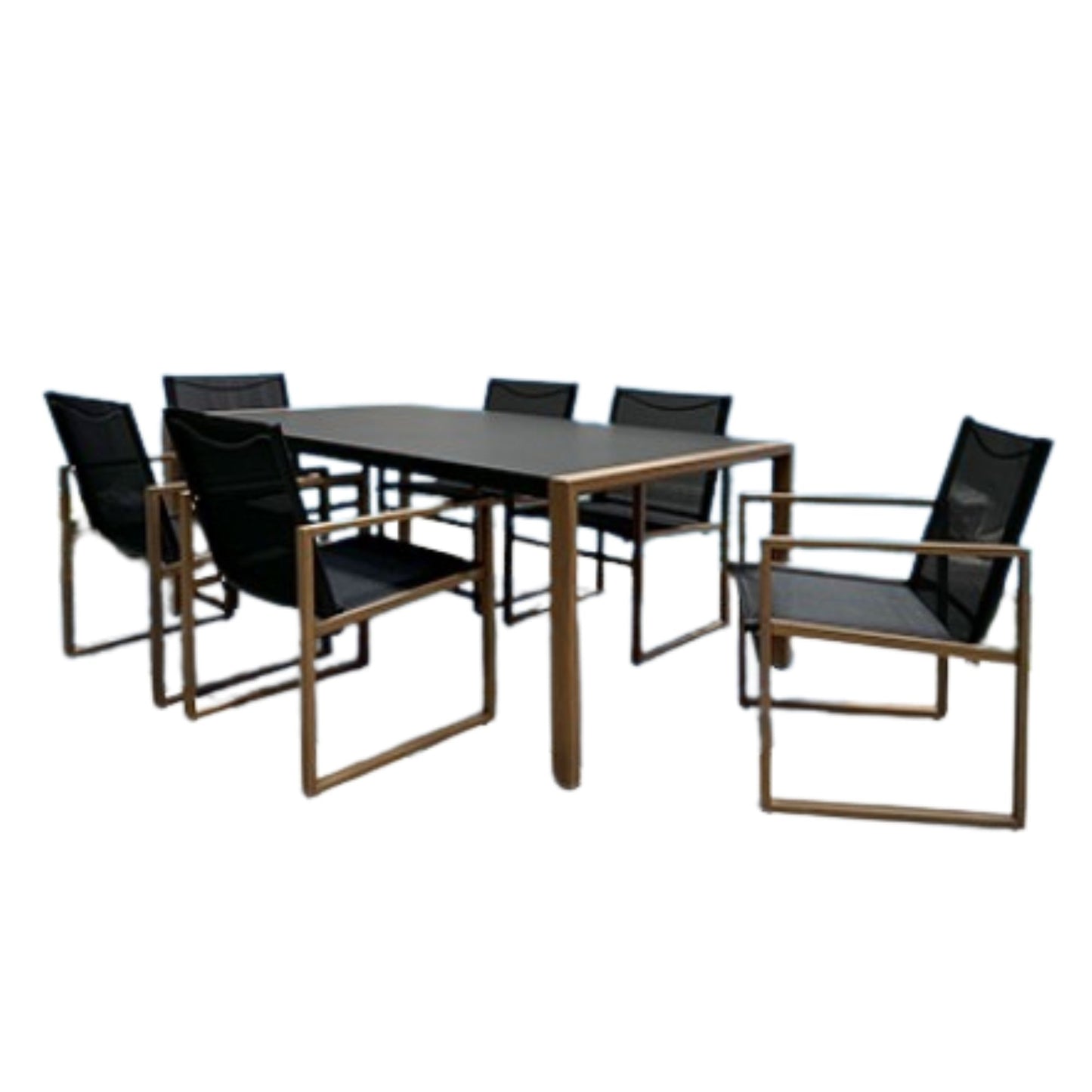 Alipaz 7-piece outdoor dining set featuring a rectangular black table and six matching armchairs with black seats and natural metal frames, shown against a plain white background.