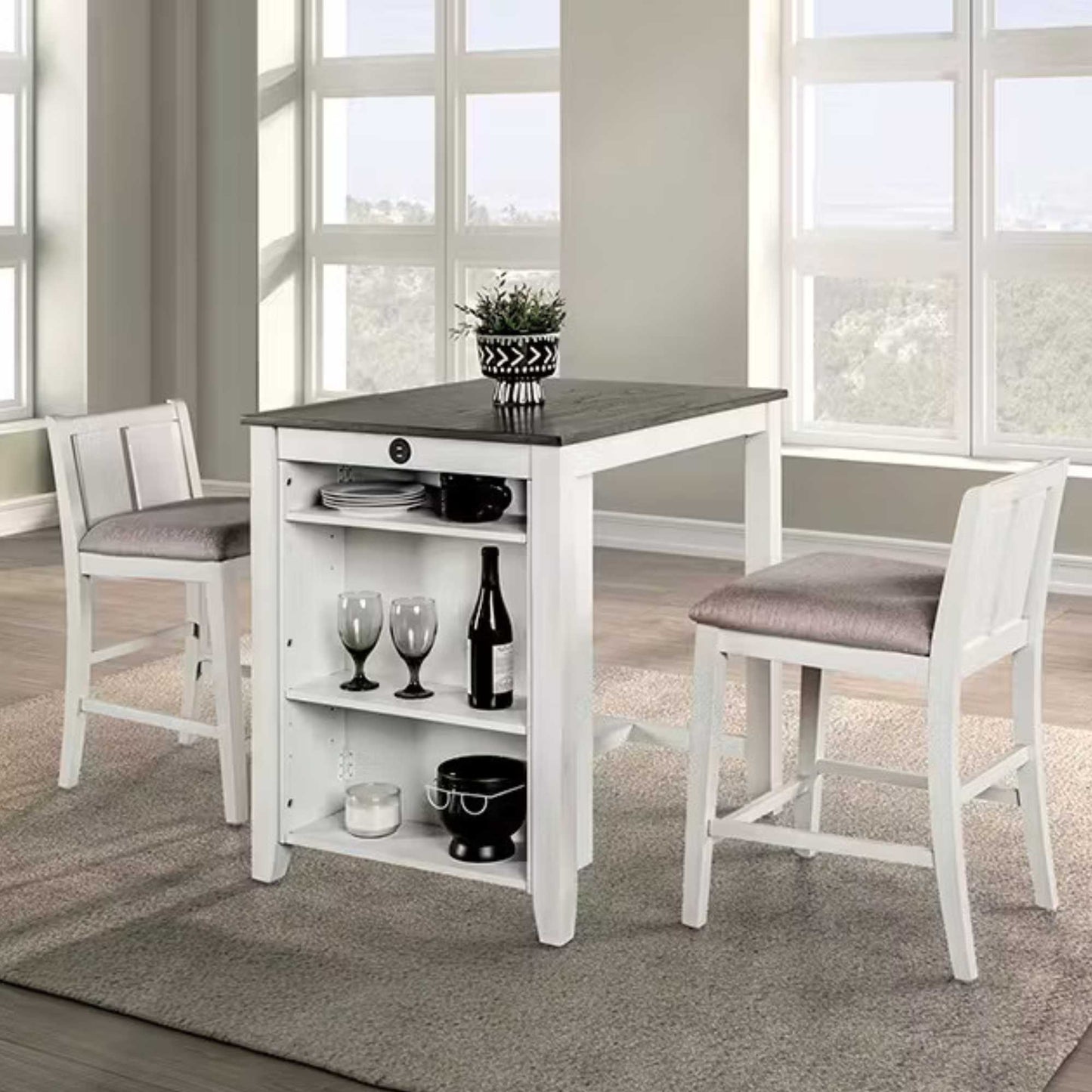 Alonza 3-Piece Counter Height Dining Set with Side Shelf Storage