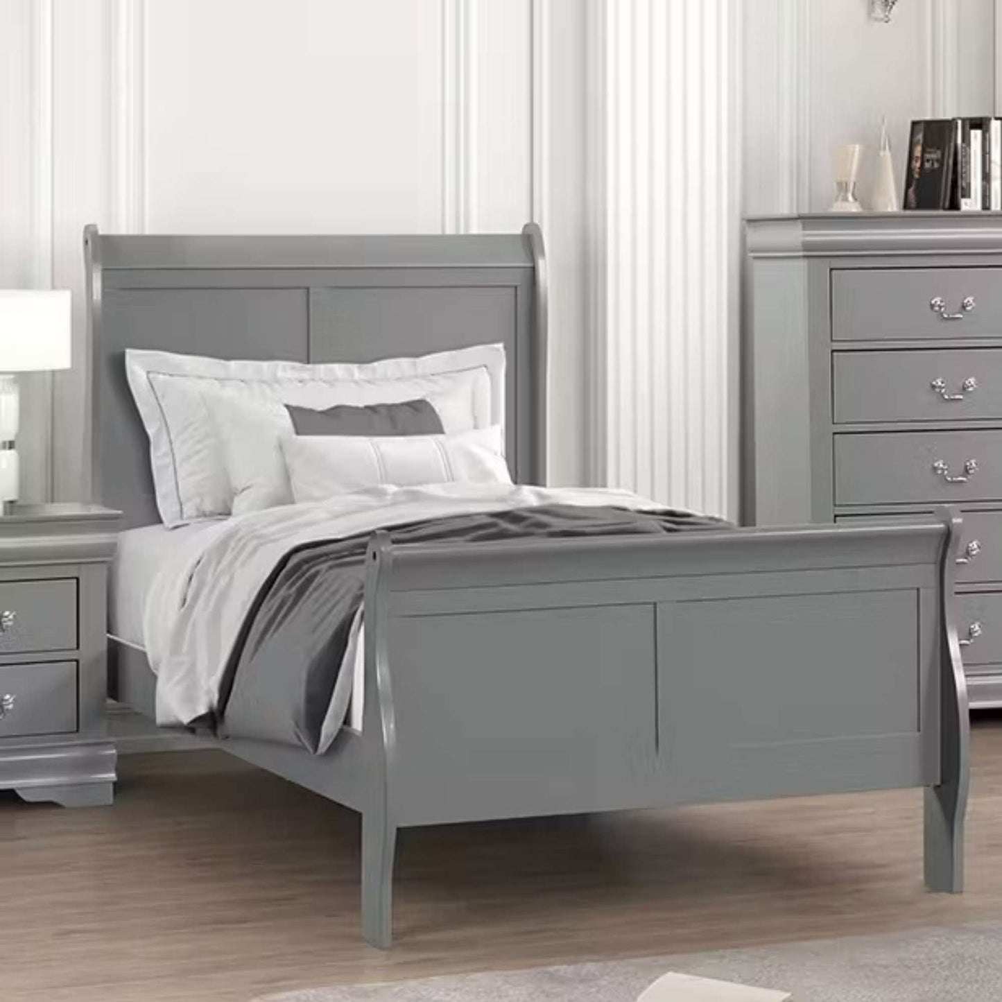 Annette grey sleigh bedframe in bedroom setting