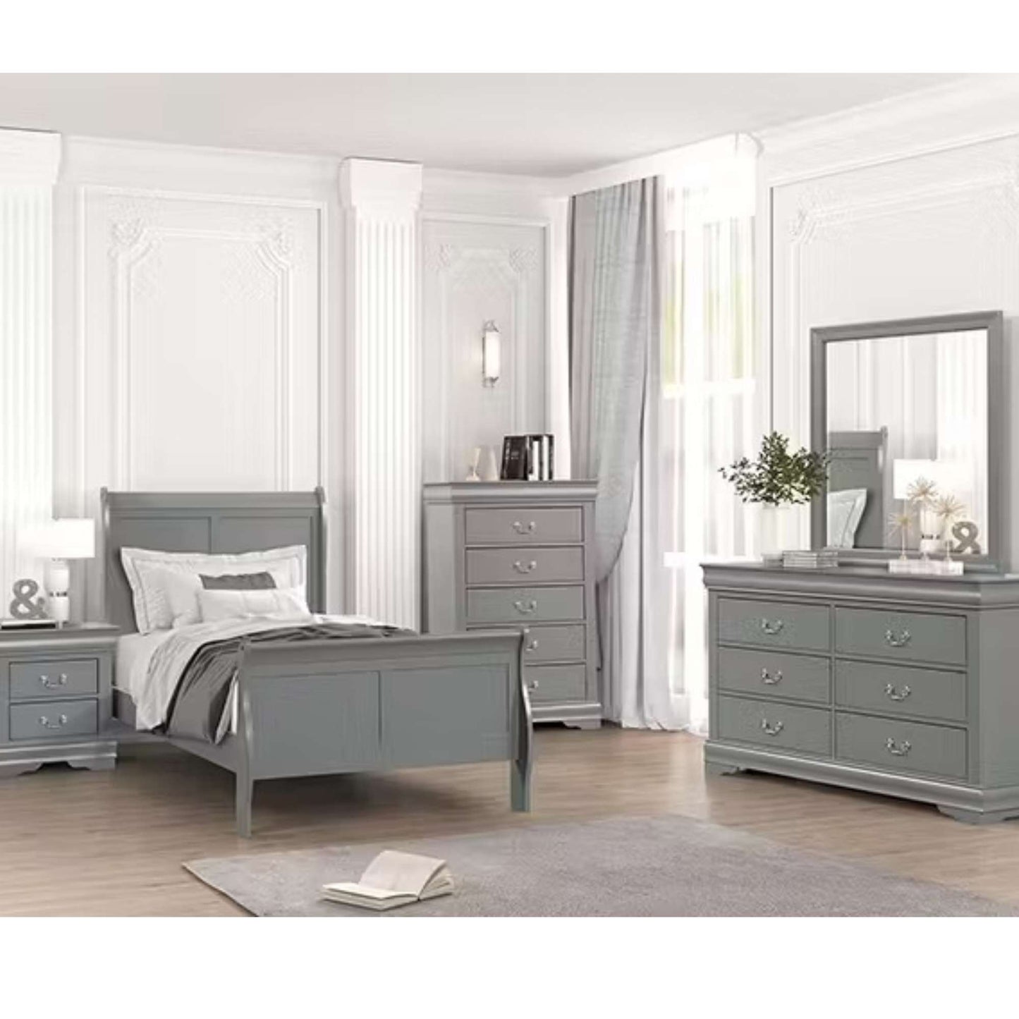 Grey Annette sleigh bedframe in bedroom setting