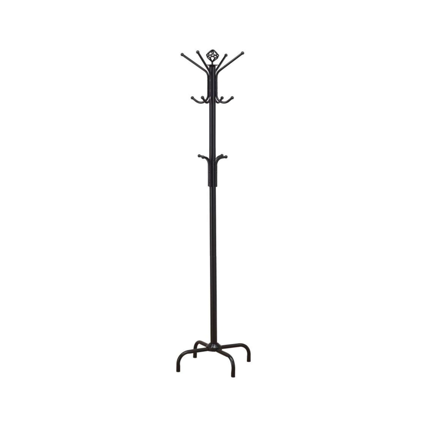 Black coat rack with hooks for coats, hats, jackets, coats, etc. on white background