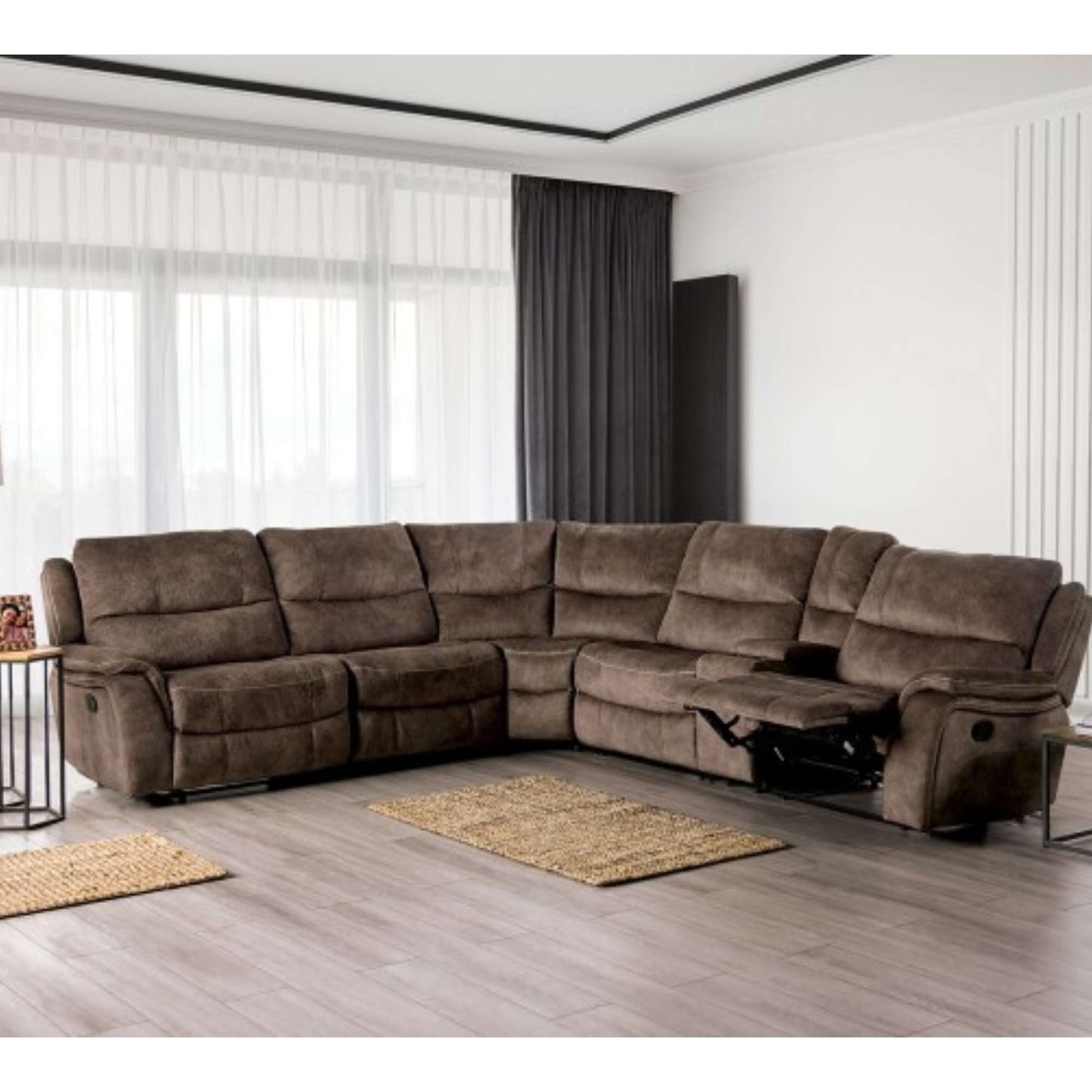 Brown Augusta motion sectional with open arm recliner chair in living room setting
