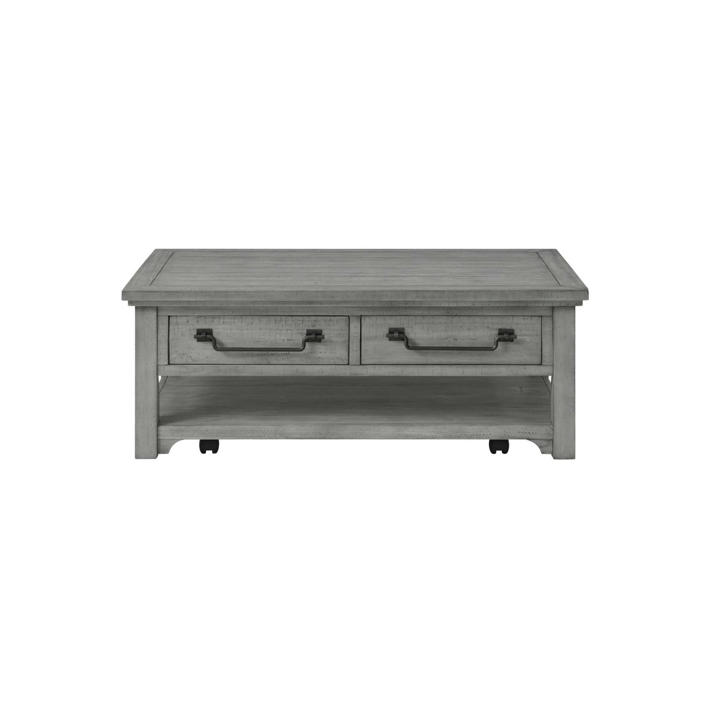 A rectangular grey veneer coffee table with two drawers and caster wheels.