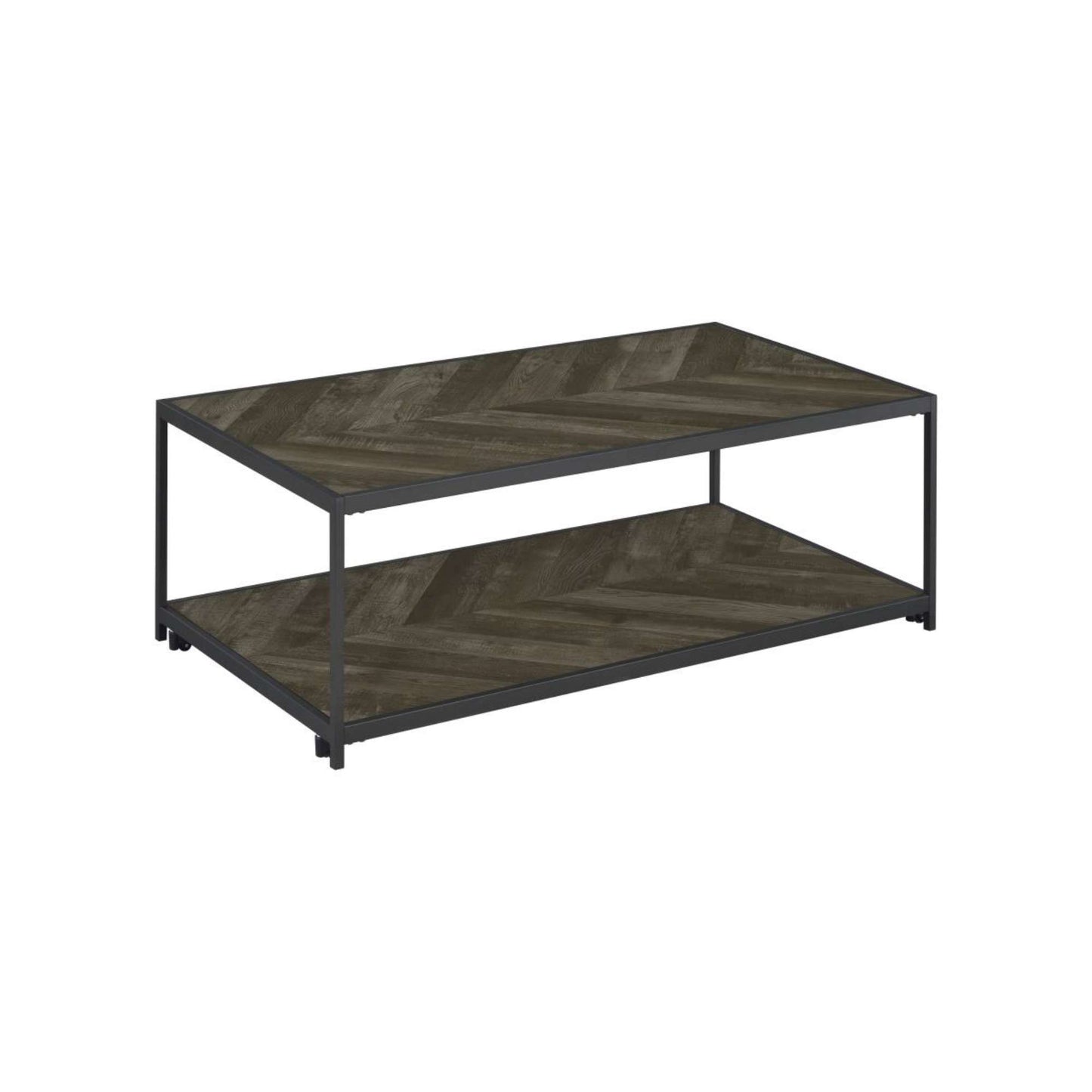 Blake coffee table with brown chevron veneer and matte black legs and bottom shelf on white background
