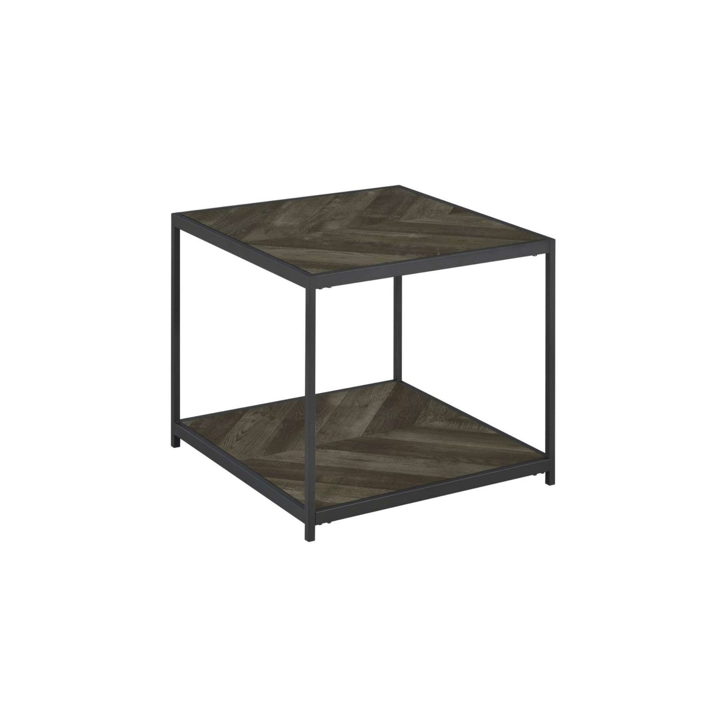 Blake end table with brown chevron veneer and matte black legs and bottom shelf on white background