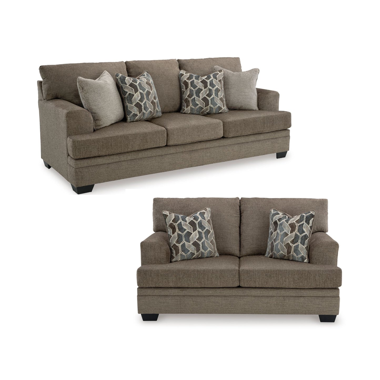 Borgoe Nutmeg Brown sofa set with patterned cushions on a white background