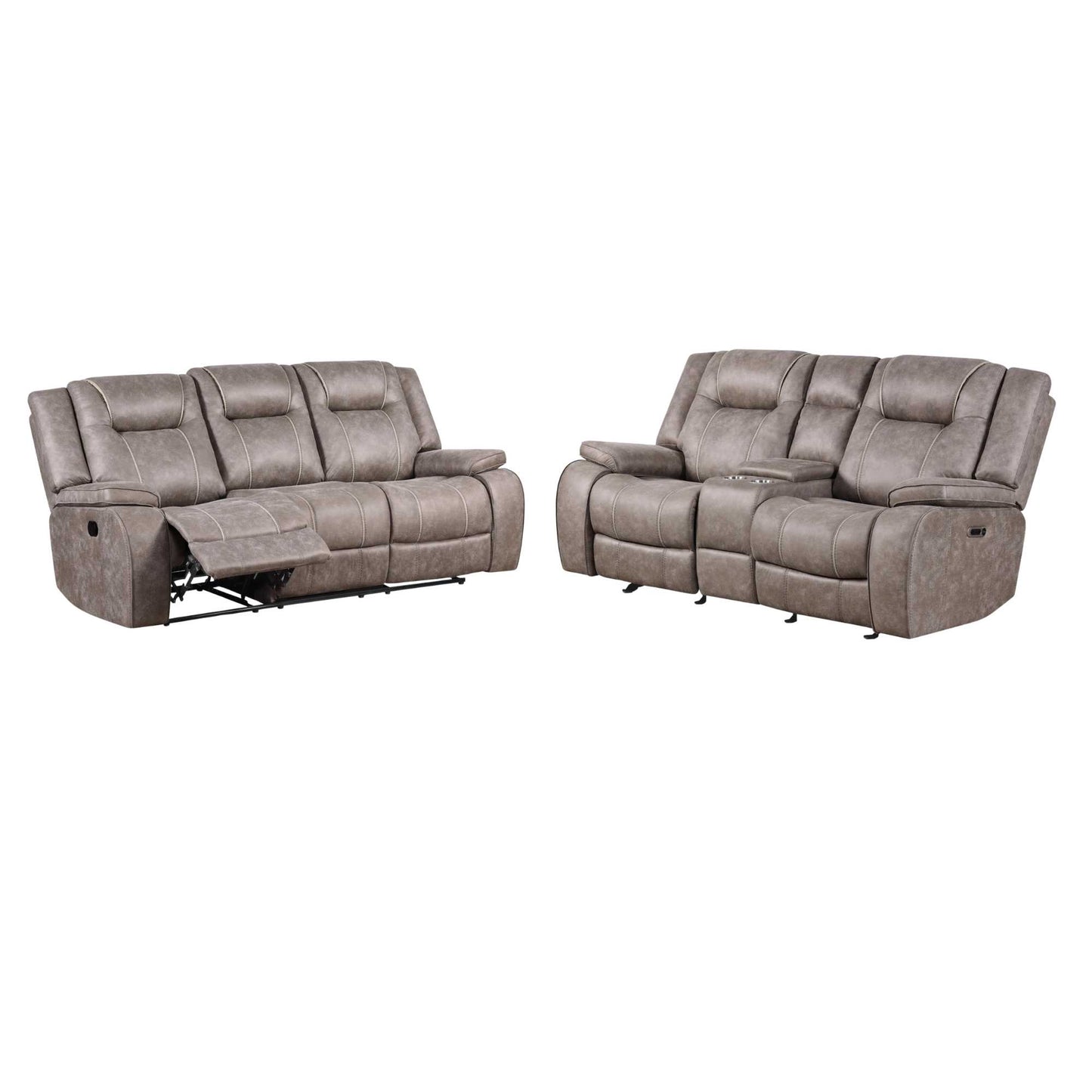 A dual reclining sofa and loveseat set in desert taupe upholstery, with the sofa showing the reclining mechanism and both pieces featuring cup holders.