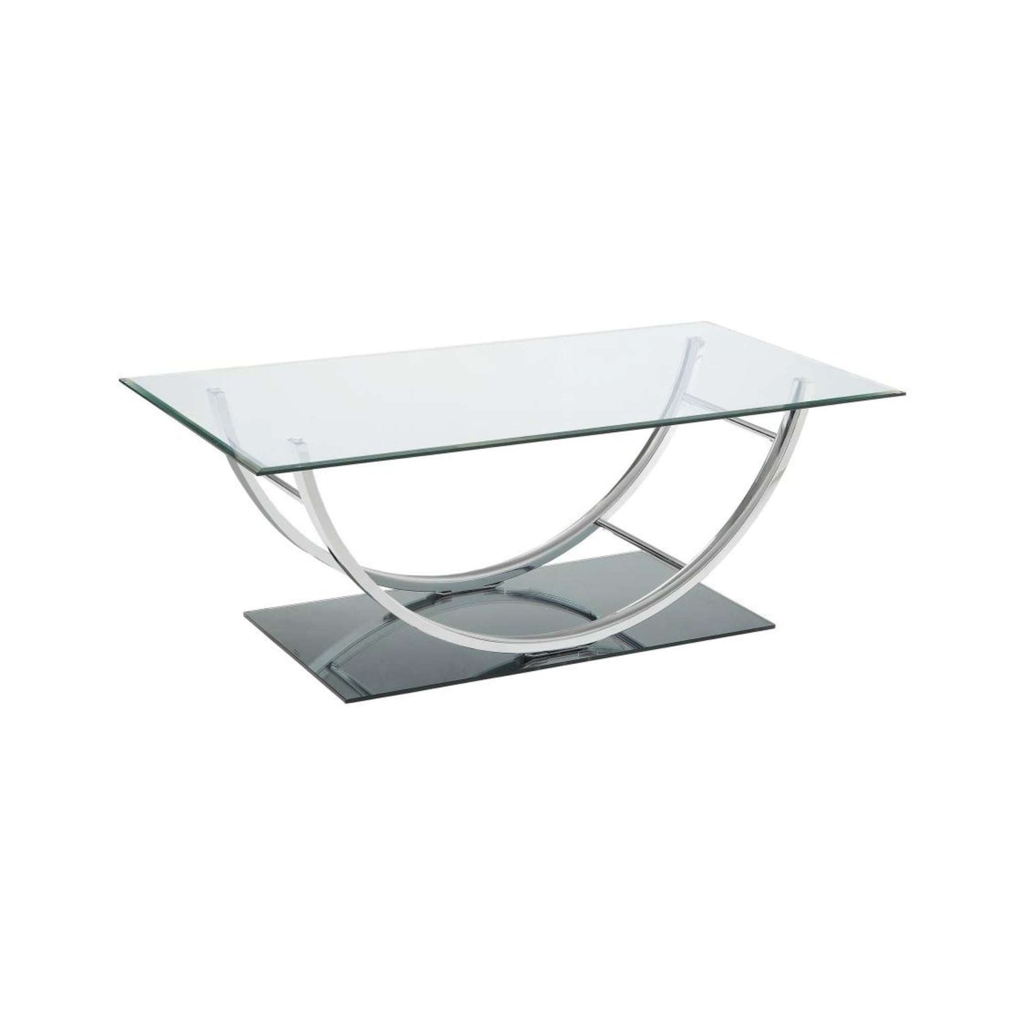 A chrome finish coffee table with a U-shape base and a half-mirror glass top.