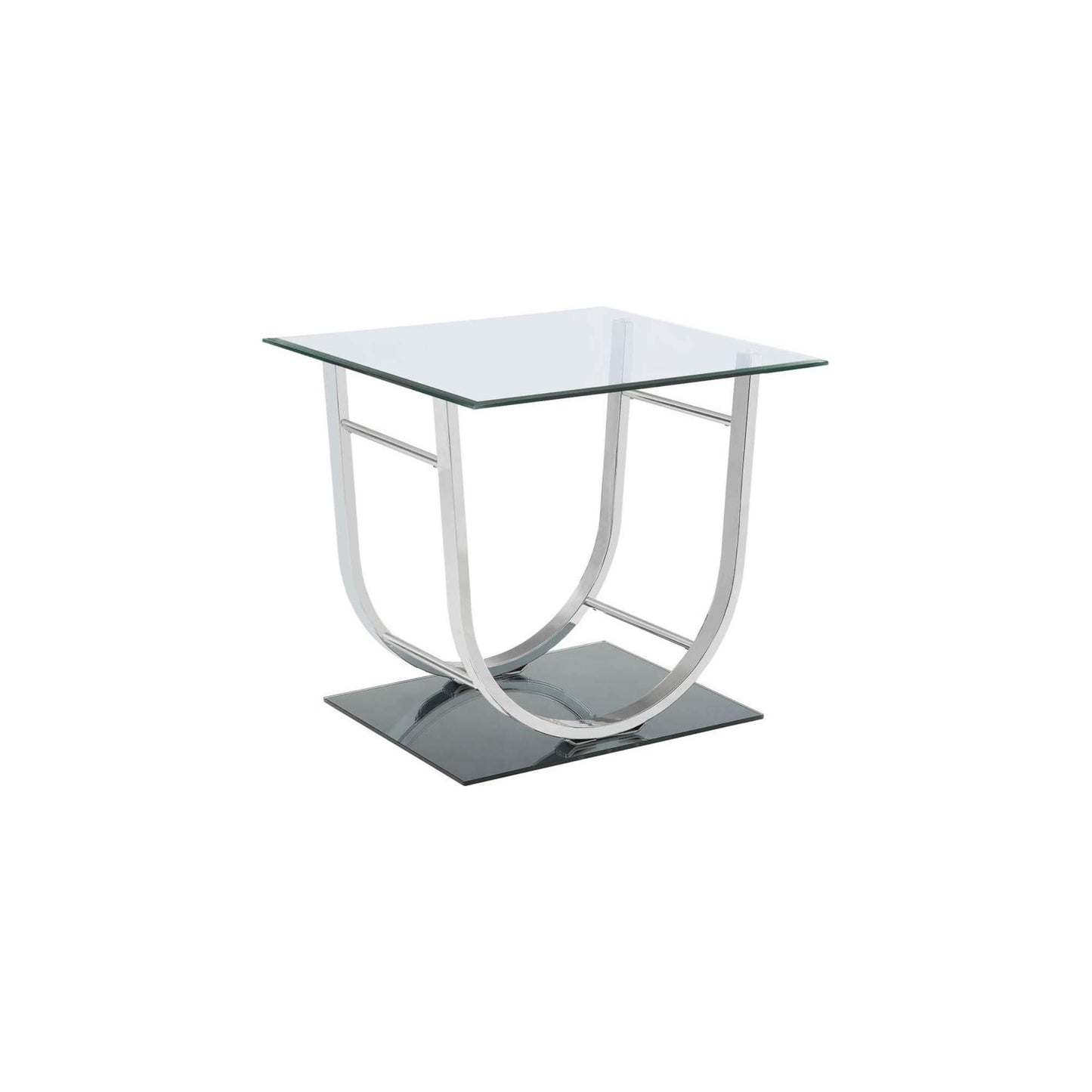 A chrome end table with a glass top and base, featuring a U-shape and a half-mirror finish.