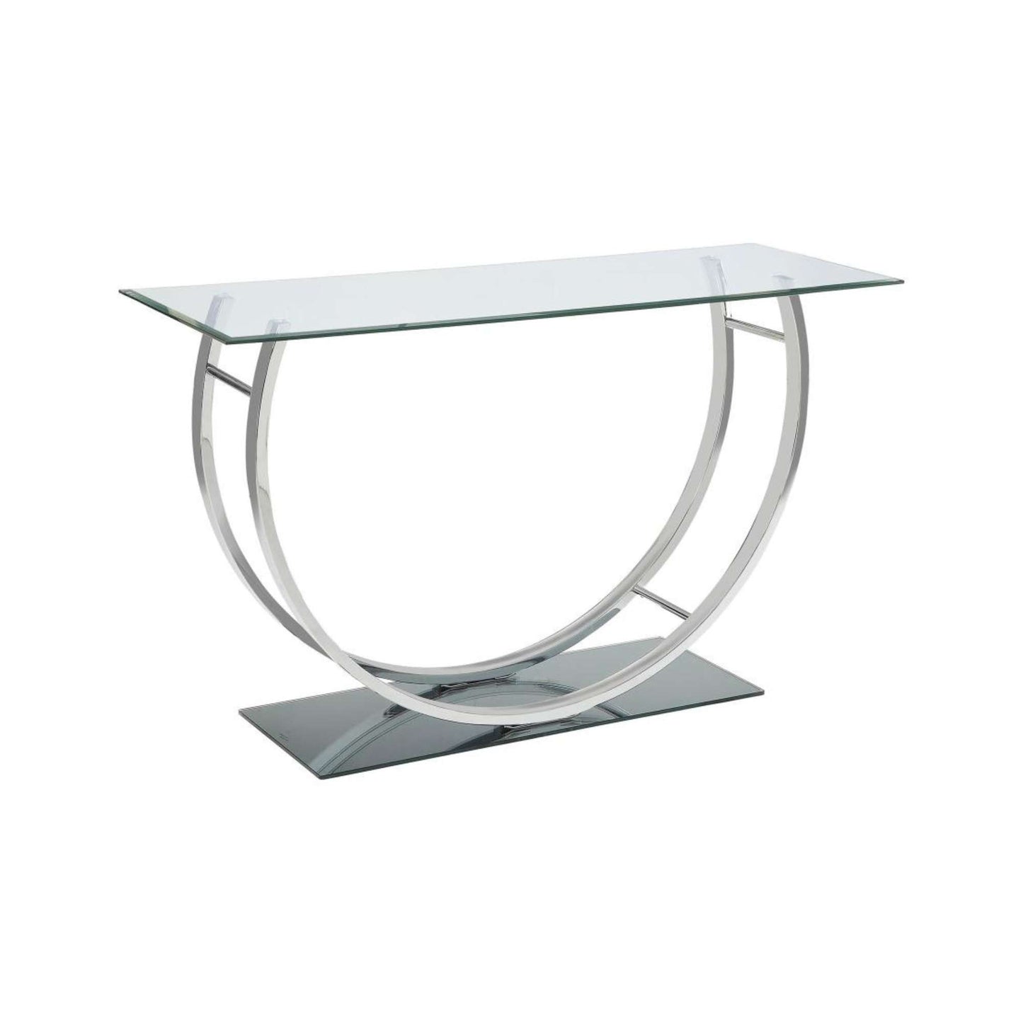 A chrome sofa table with a glass base featuring a U-shape design with a half mirror finish.