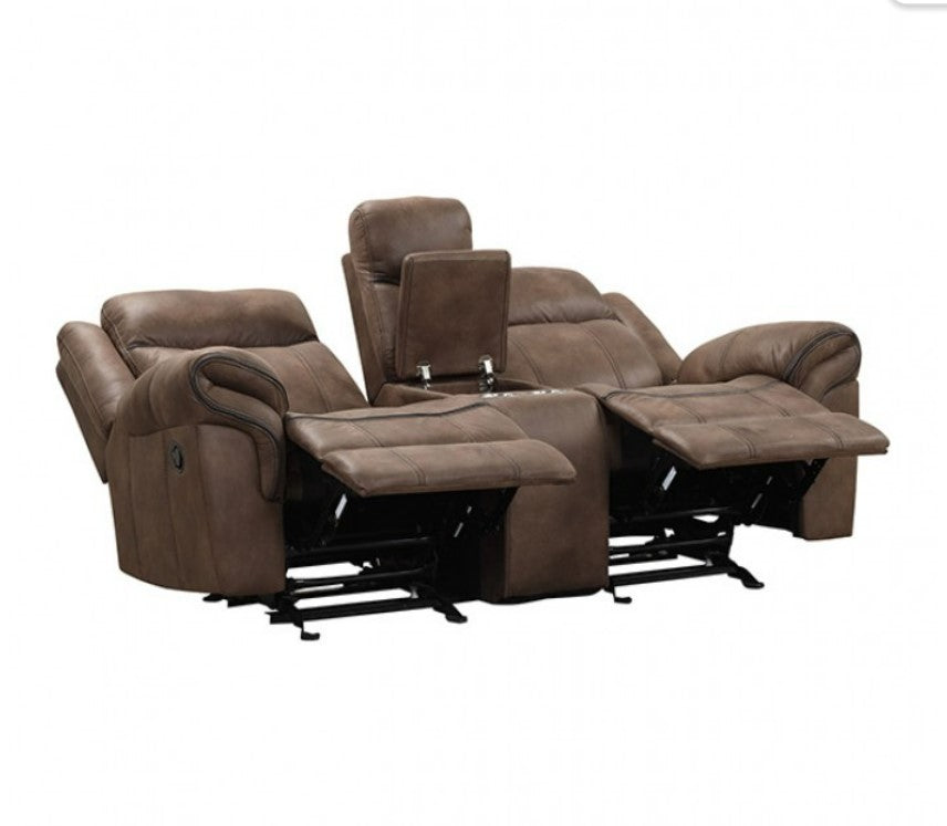 Open Casimir reclining loveseat with open center storage console in brown upholstery on white background