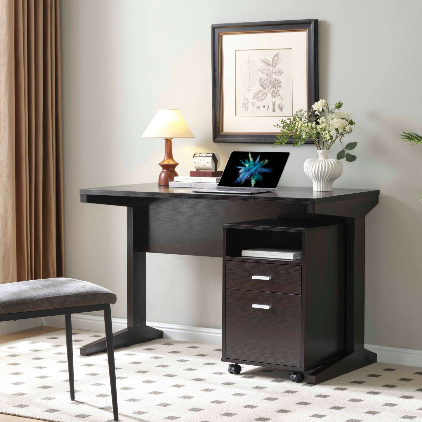 Chaz compact office desk with mobile two drawer file cabinet in red cocoa veneer in office setting