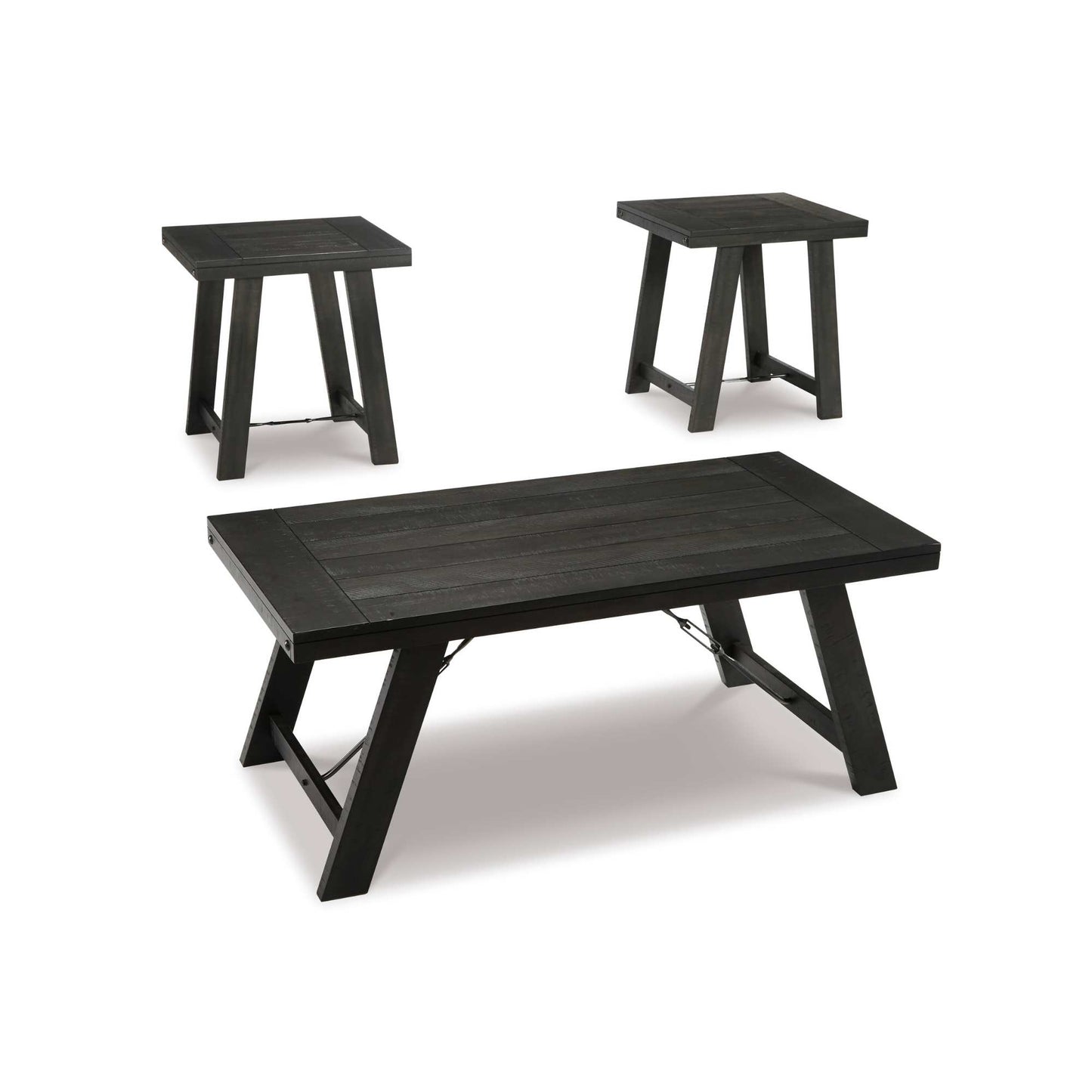 Conifer coffee and two end table in distressed dark brown finished with metal cross leg detailing on white background