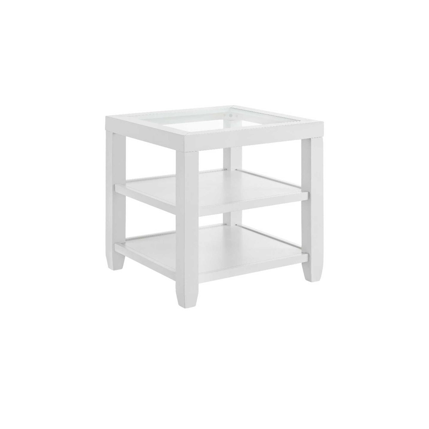 three tired end table with glass top and white finish frame on white background