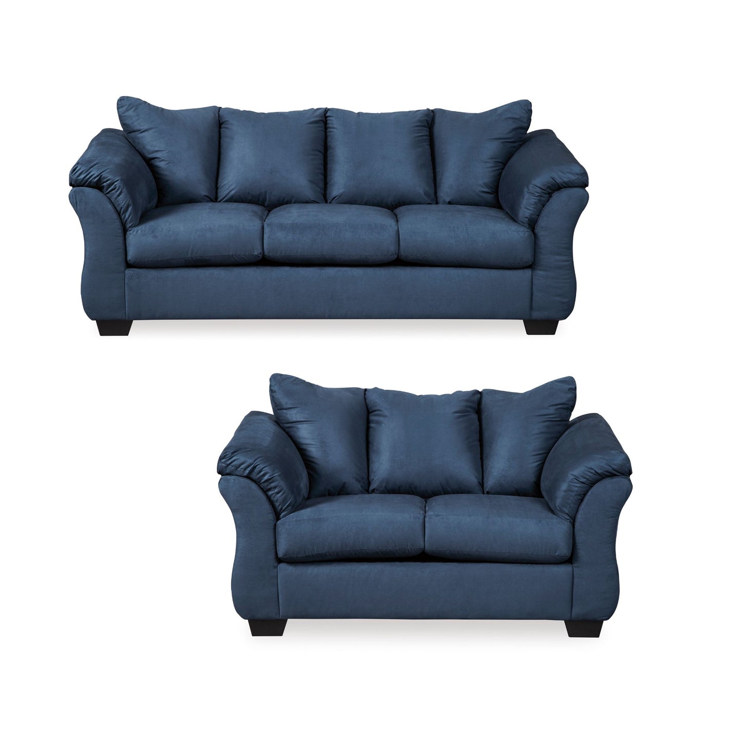 Blue Darcy Sofa and loveseat set with pillowtop arms on a white background