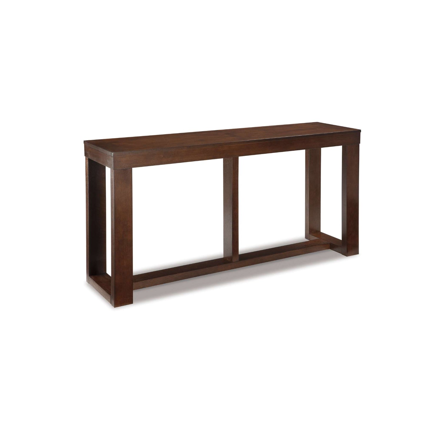 A distressed dark brown mid-century styled sofa table with a rectangular shape and visible wood grain details.