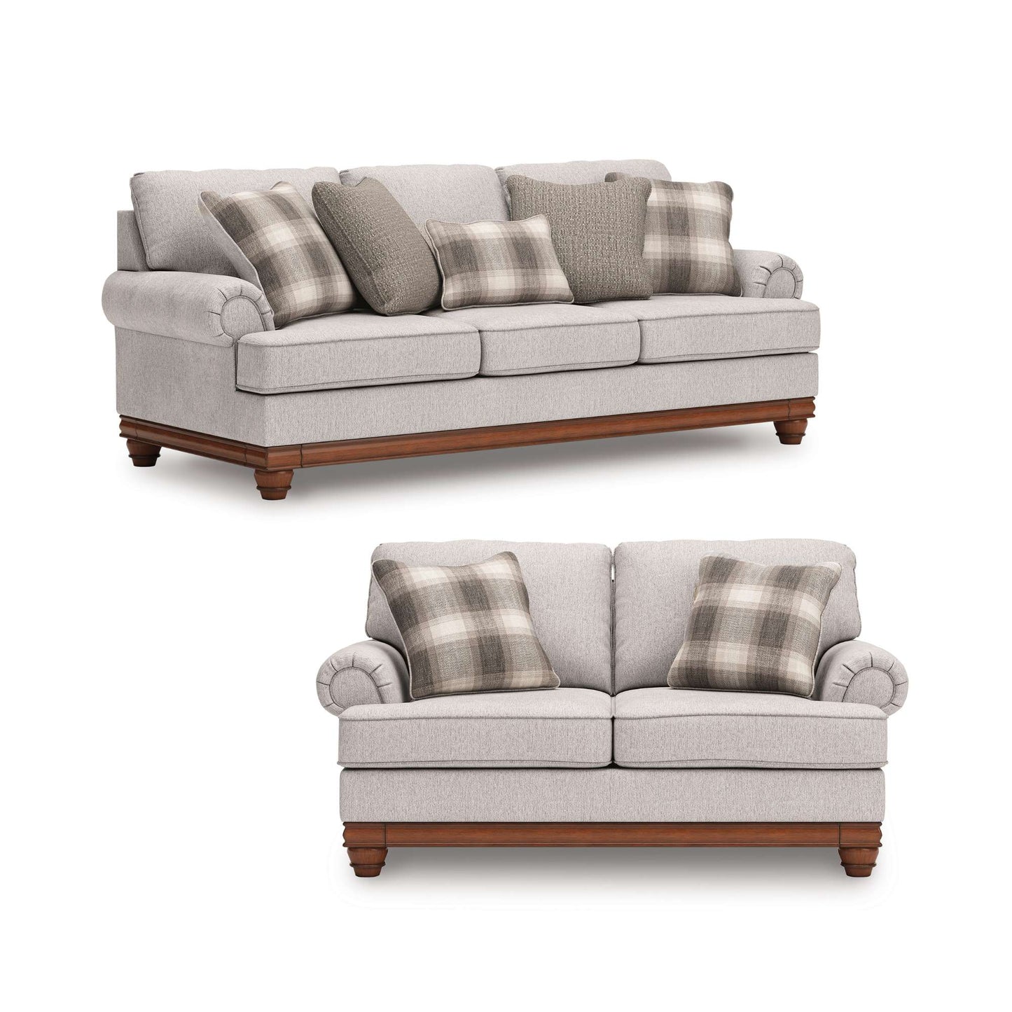 Dionne sandstone beige sofa and loveseat with plaid cushions on a white background