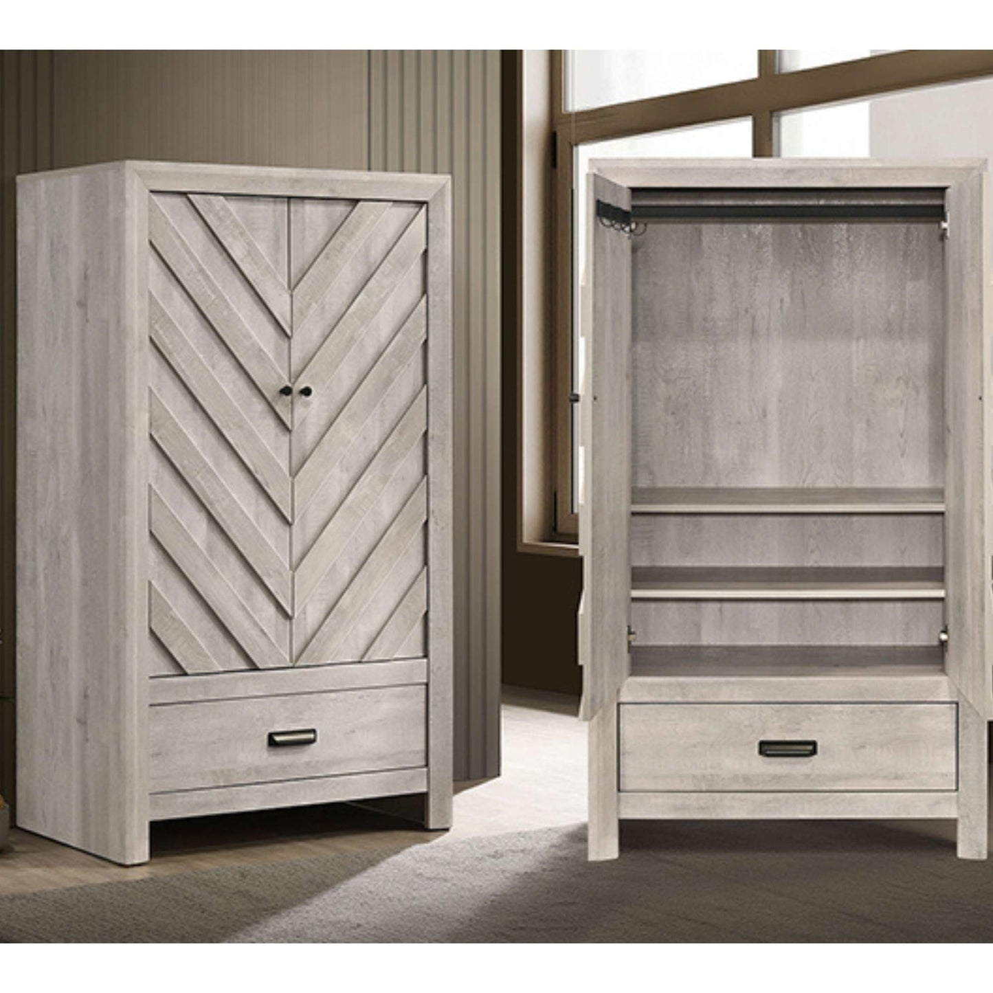 Edmond antique white Wooden wardrobe with chevron pattern and open door revealing shelves.