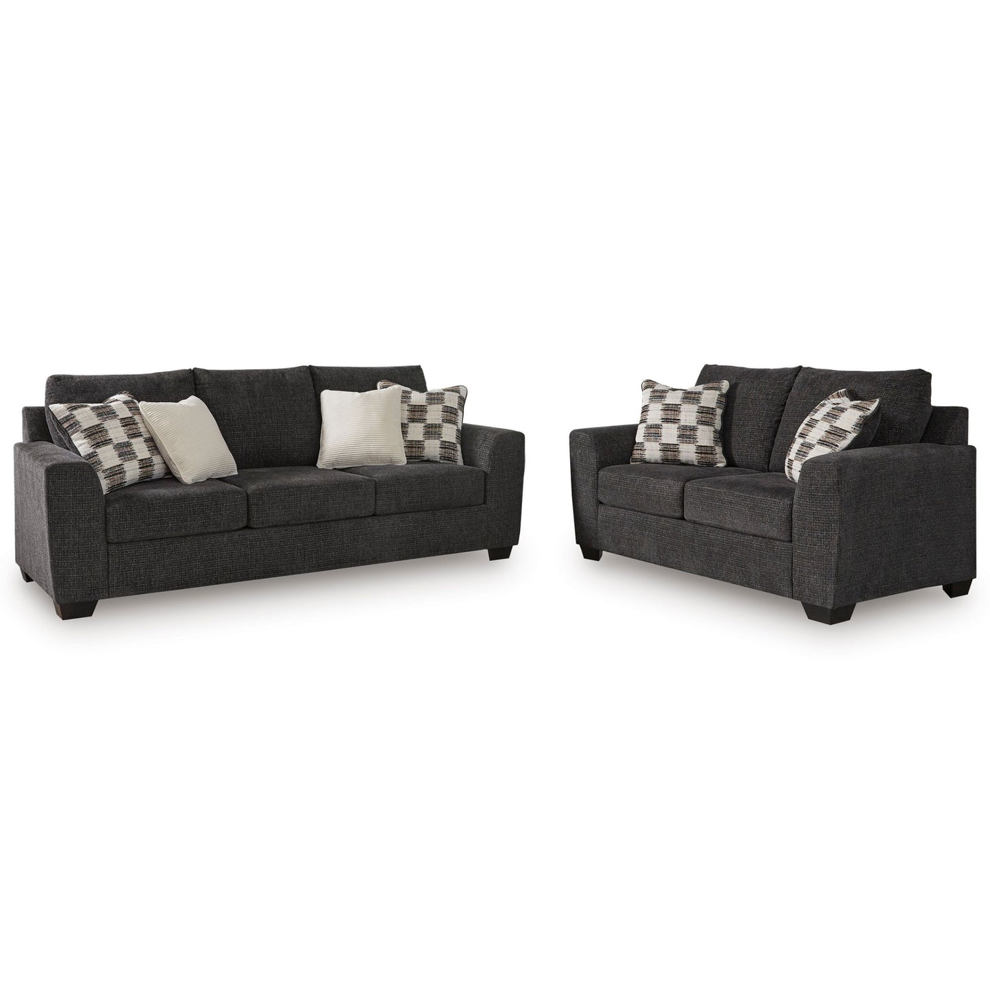 Dark ebony grey gorgius sofa and loveseat set on white background