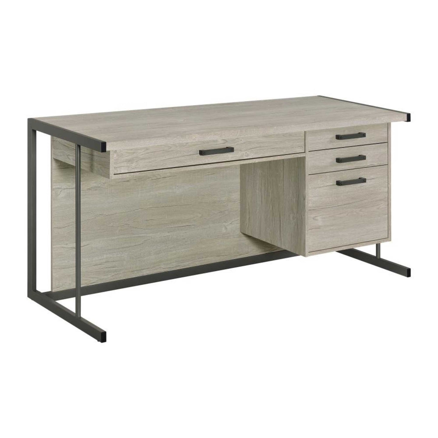 Wooden desk with metal legs on a white background