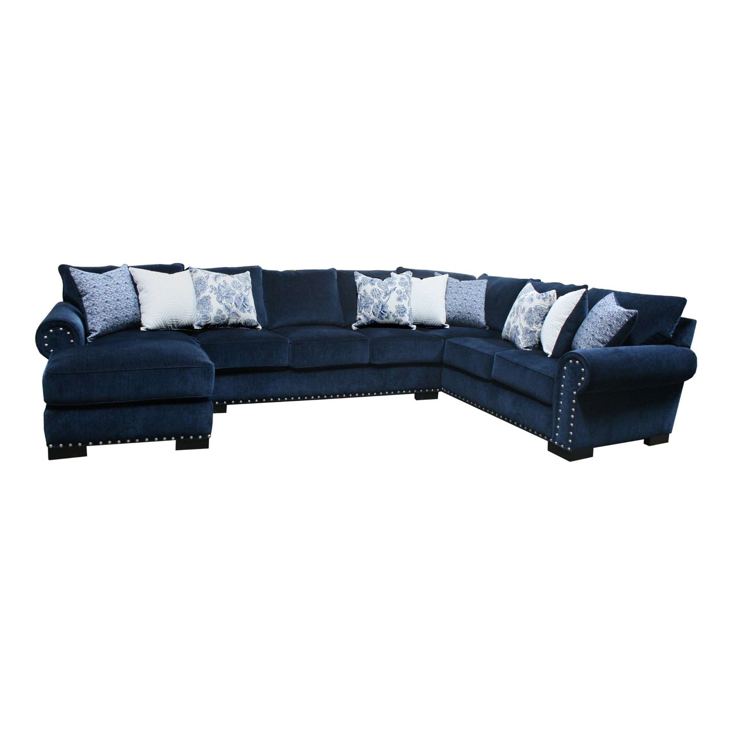 A navy blue upholstered 3-piece sectional sofa with chaise, featuring accent pillows and detailed stitching.