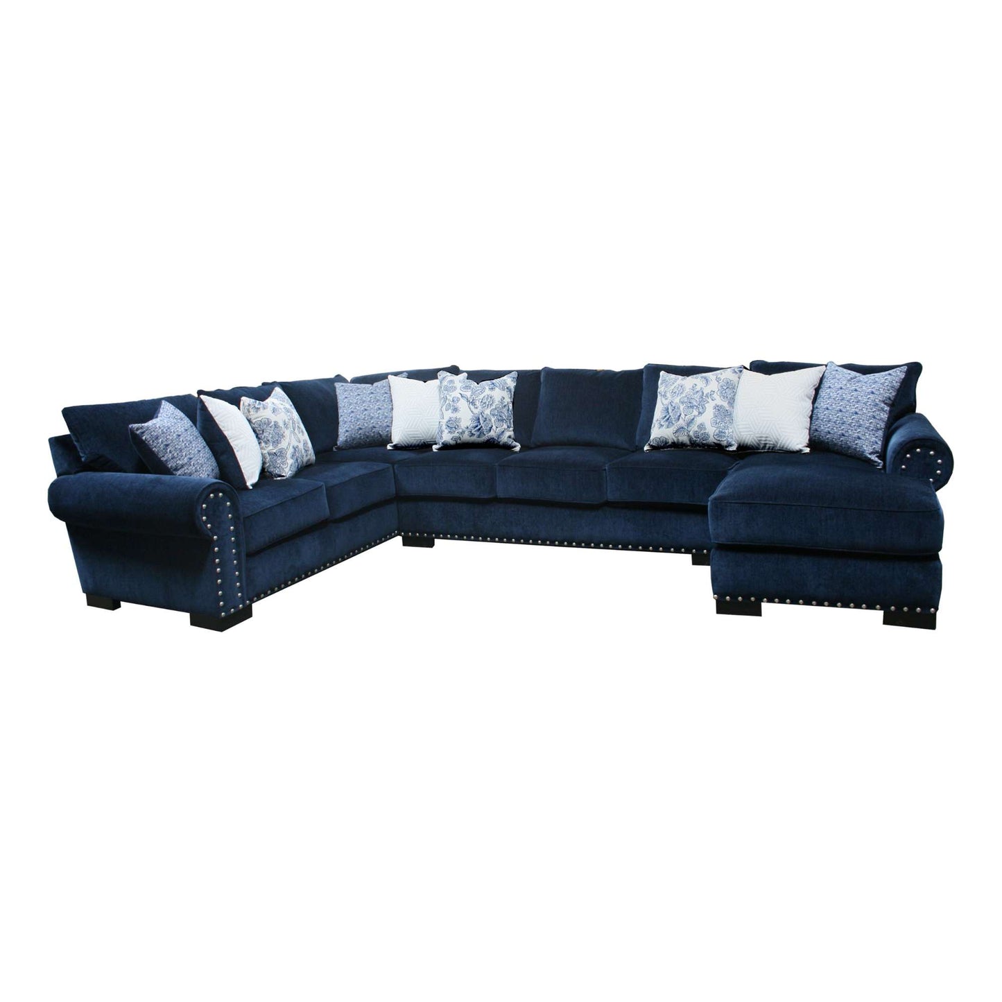 A navy blue upholstered 3-piece sectional sofa with chaise, featuring accent pillows and detailed stitching.