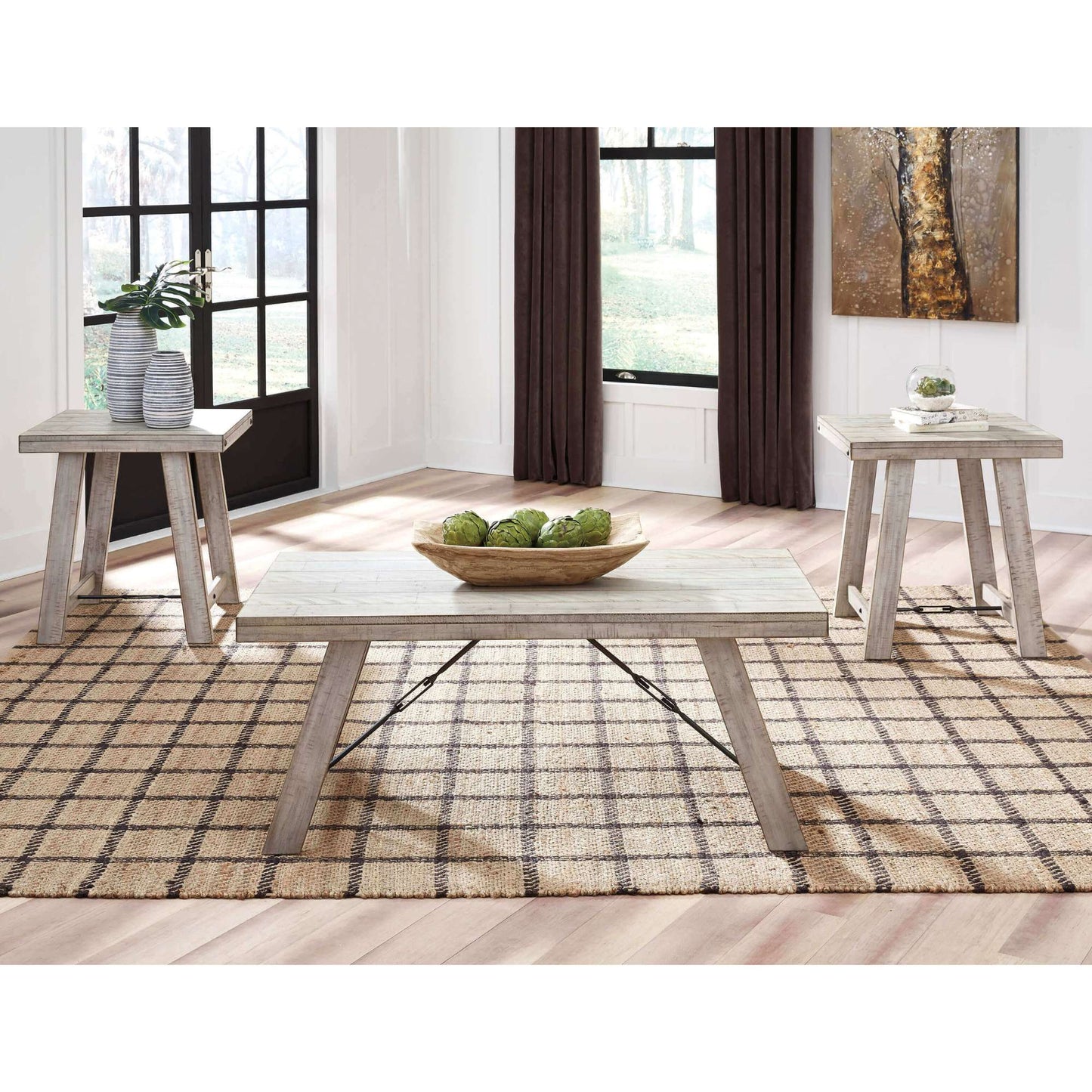 Holten coffee table and two end tables in distressed beige taupe veneer in living room setting