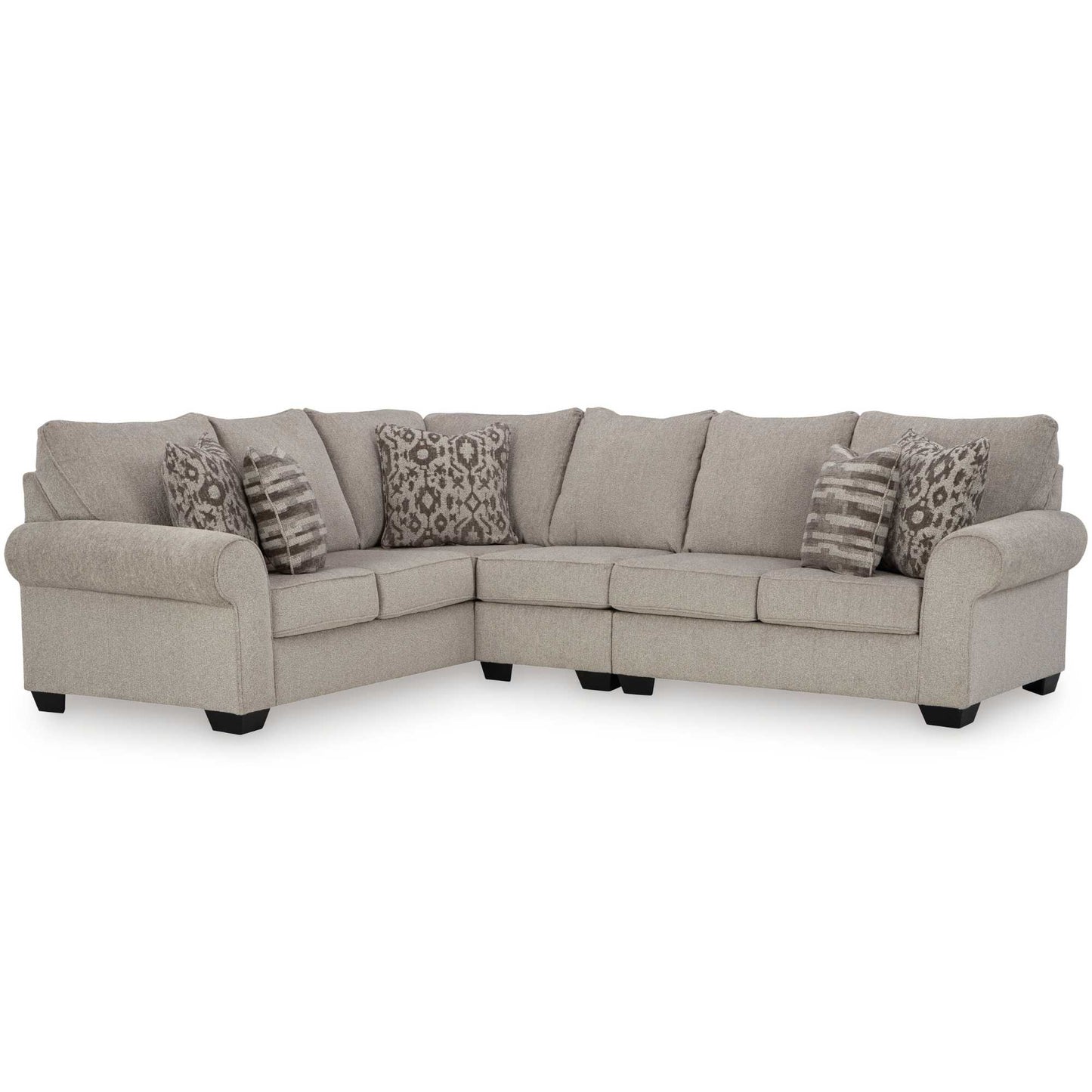 A beige 3-piece sectional sofa with accent pillows on white background