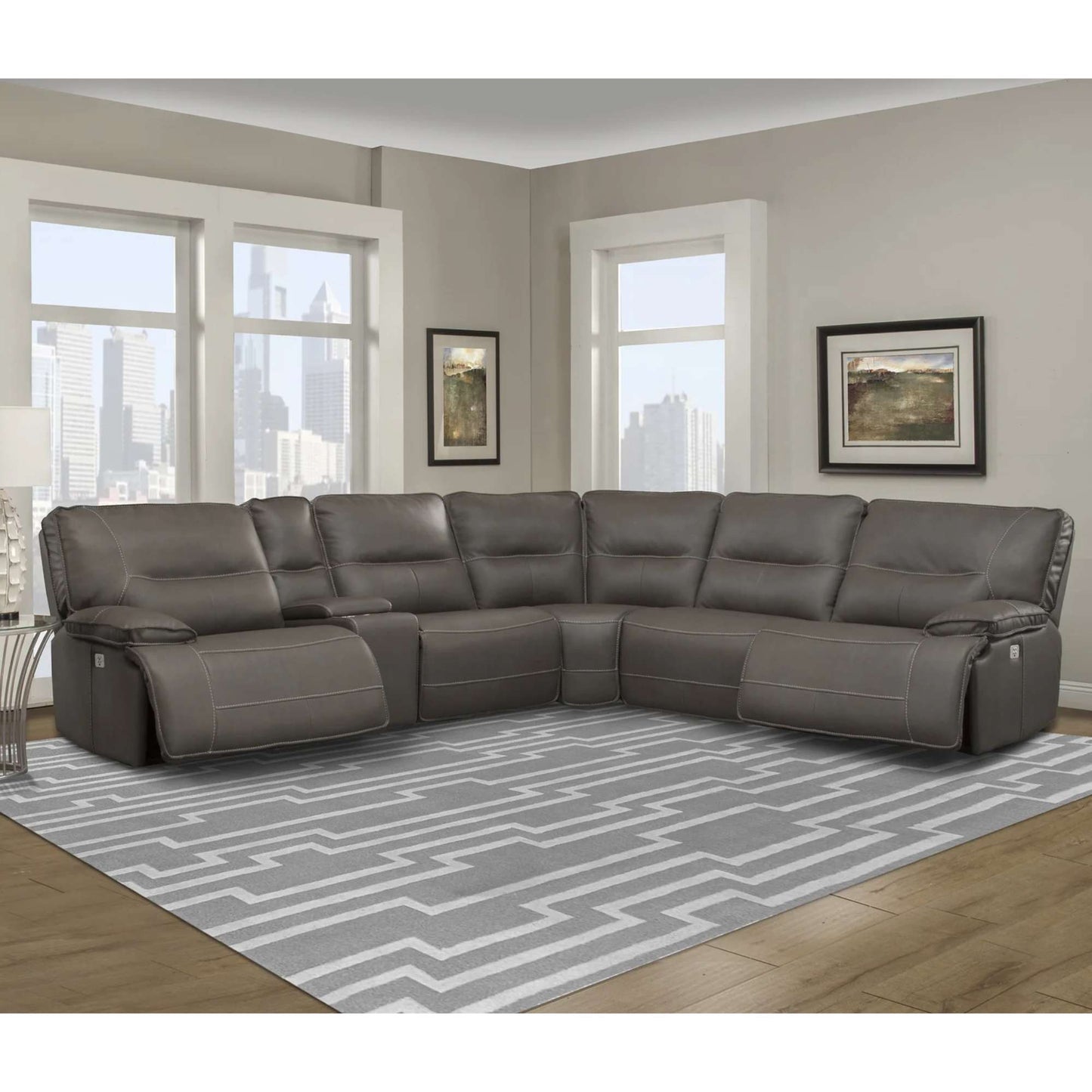 A gray 6-piece power reclining sectional sofa with power adjustable headrests, USB ports, and wall-hugger reclining motion, positioned in a living room setting.