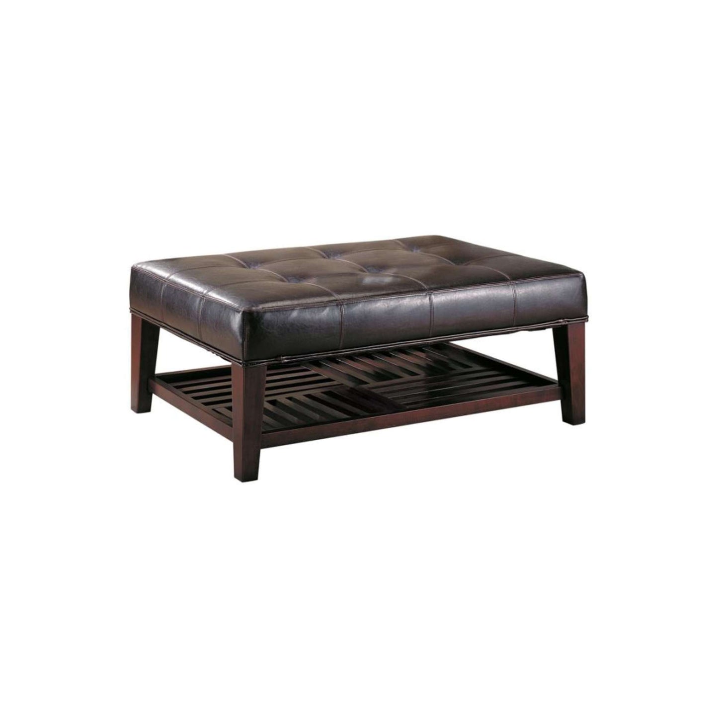 An ottoman with a brown faux leather top and a wooden base, featuring a tufted design and a shelf for storage.