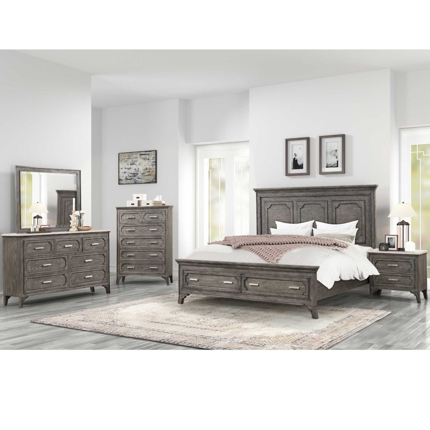 A 7-piece bedroom set including a bed with headboard and footboard, a dresser with a mirror, and two nightstands, all in grey veneer with white marble tops on the dresser and nightstands, placed in a room with a white carpet, wall art, and a window.