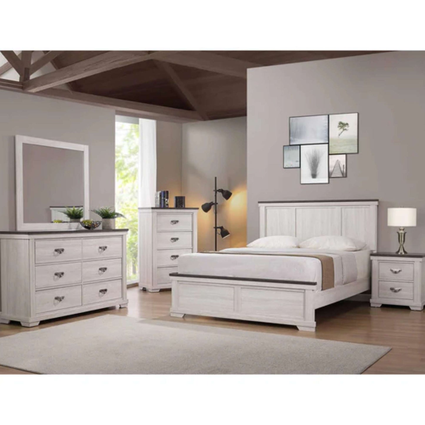 A bedroom set including a queen-sized bed with a chalk white finish, a matching headboard and footboard, a dresser, a mirror, and two nightstands, all in a chalk white and grey color scheme.