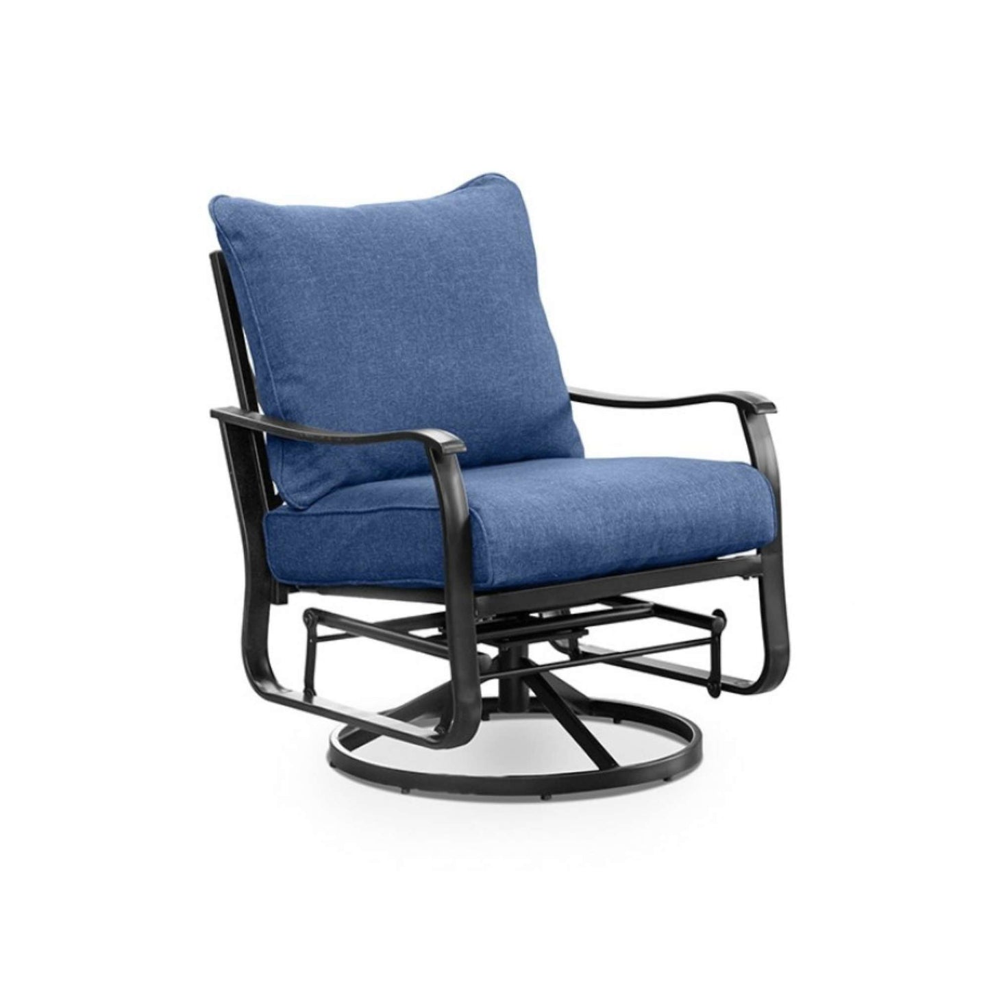 A navy upholstered outdoor swivel glider arm chair with a black steel frame and two cushioned arm rests.