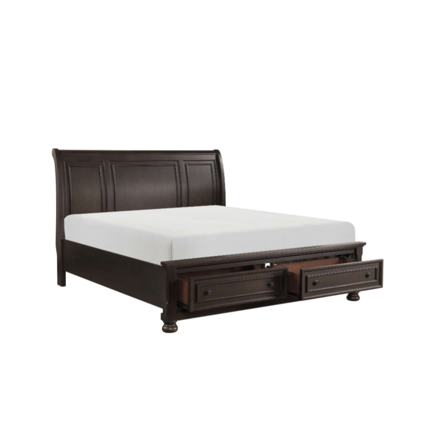 Dark brown grey montcalm bedframe with mattress only on top and open footboard drawer on white background