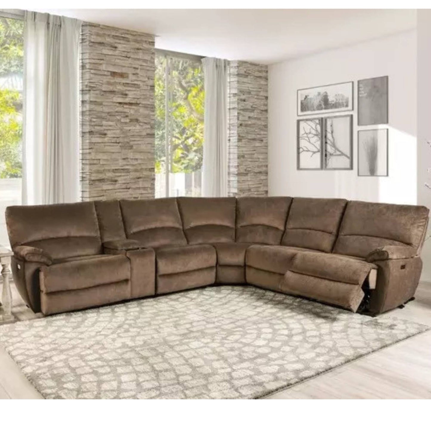 Mullen brown upholstered 6-piece power reclining sectional sofa arranged in a living room setting with a patterned rug underneath.