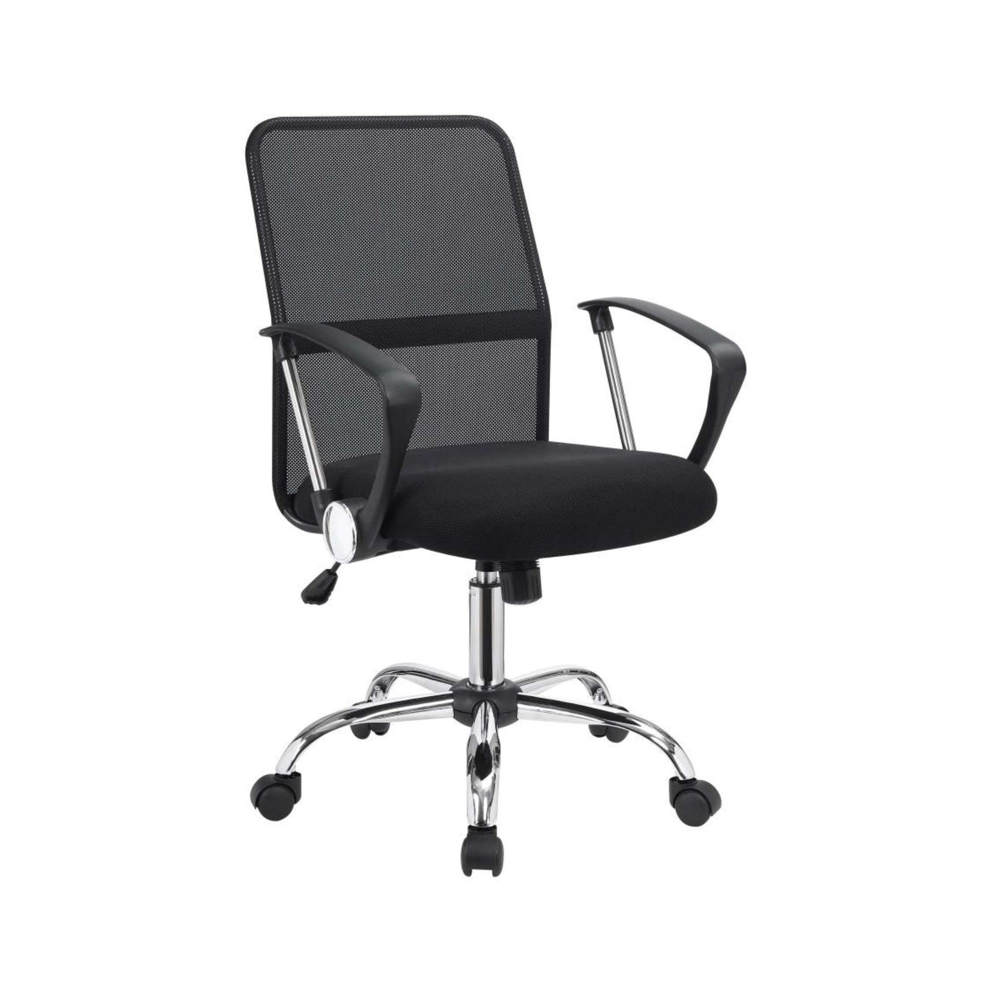 A black office chair with a breathable mesh backrest, chrome finished base, and armrests, titled 'Myla Black Adjustable Office Chair'.