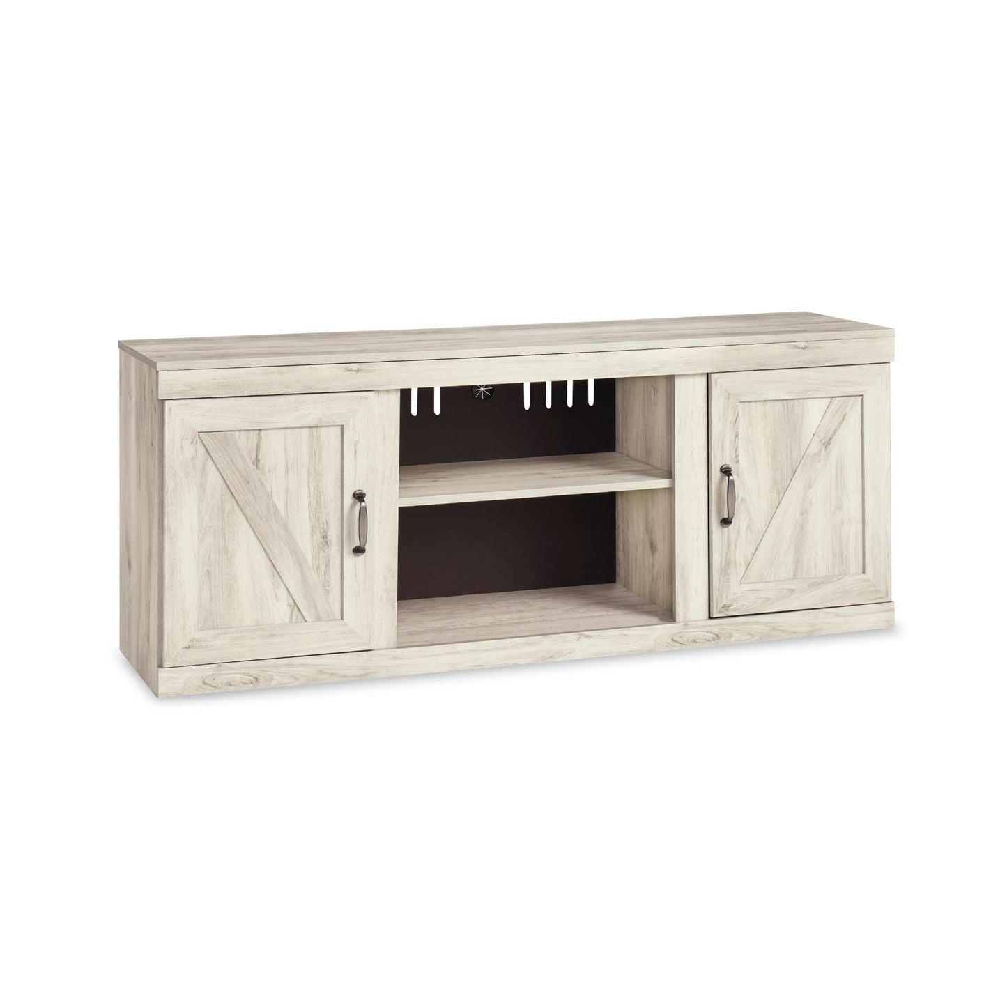 A whitewash finish Neece 60"W TV stand with cutouts for wire management and ventilation, featuring a wood structure with a visible shelf and handle details.