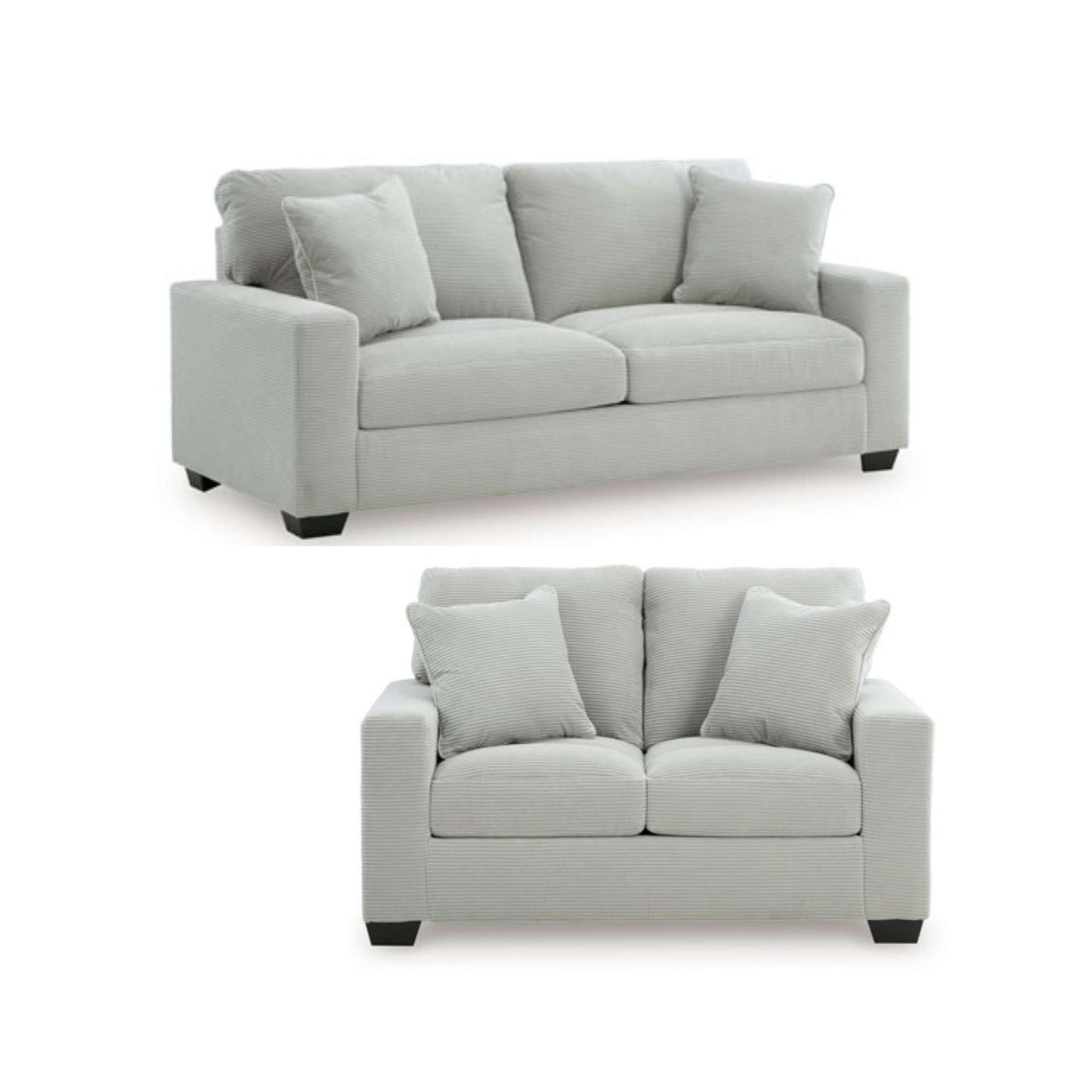 Oakmont sofa loveseat set in soft corduroy smoke upholstery with accent pillows included displayed on white background