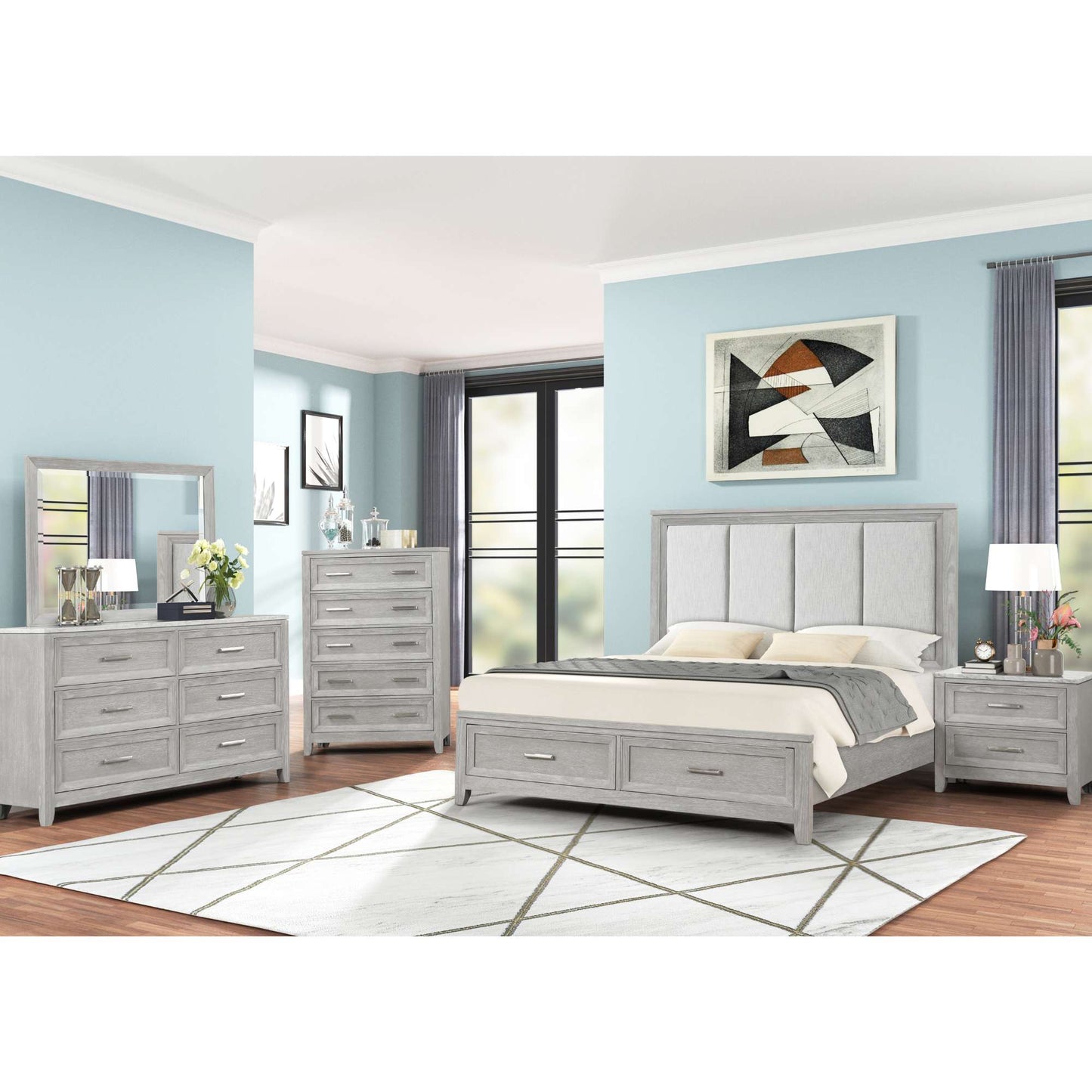 Paisley Mist Gray bedroom set with bed, dresser, and mirror in a room with light blue walls and a window