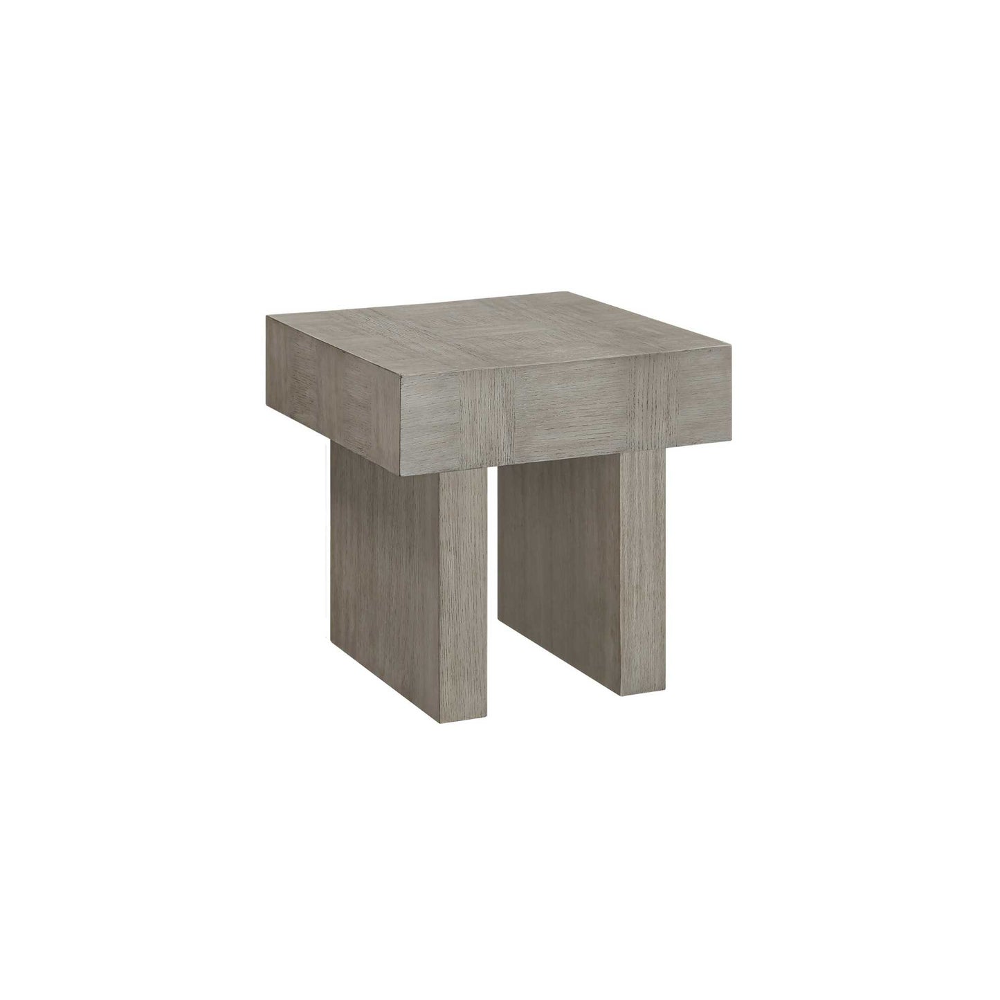 A square-shaped rustic grey end table with a simple, minimalistic design.
