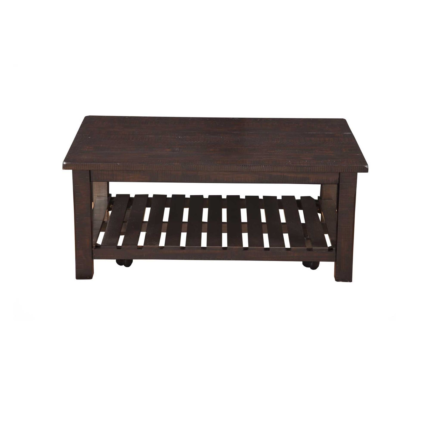 A brown Radiata coffee table with caster wheels and a display bottom shelf, available in espresso finish.