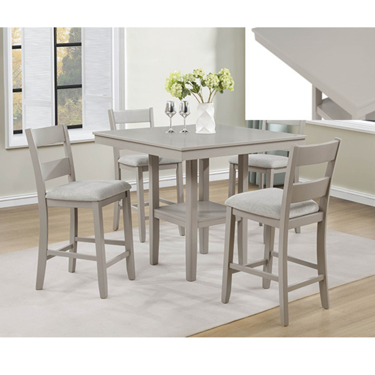 Ridley square counter height dining table with four counter height chairs in greige color in dining room setting and decor.