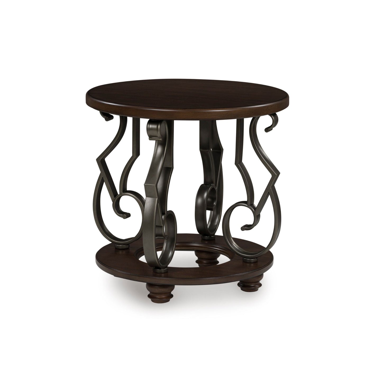 Round wooden side table with decorative metal legs on a white background