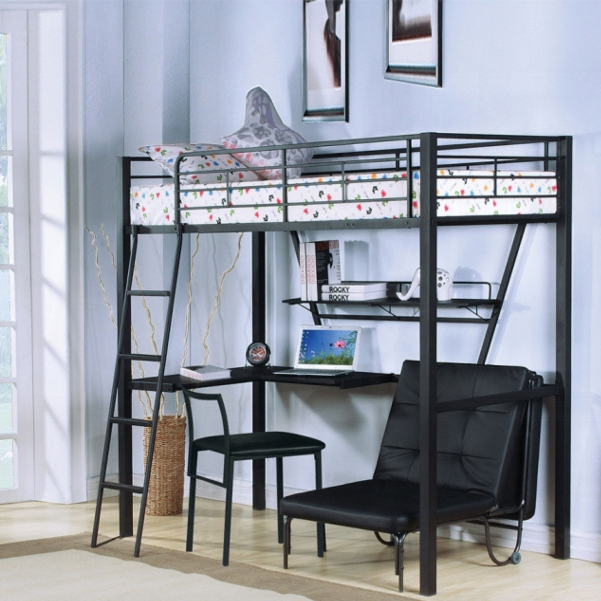 Senon black metal bunk bed frame with an attached desk, shelves, and a black futon chair, shown in a bright bedroom setting with a bed on top and a patterned sheet.